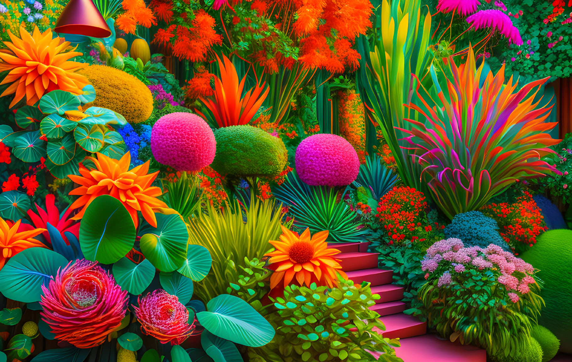 Colorful digital art of lush, fantastical garden with oversized flowers and plants