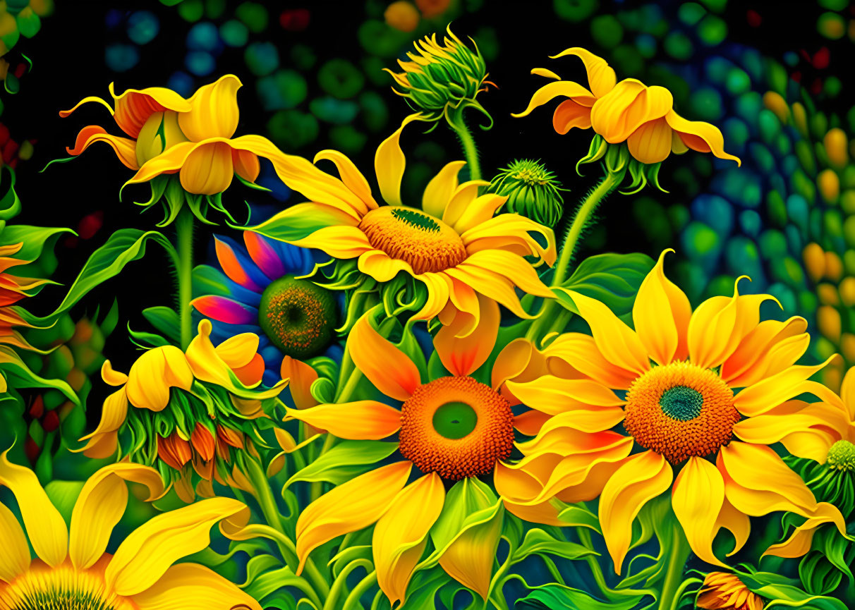 Colorful sunflower digital art with blue and red petal in golden yellow blooms on dark mosaic backdrop