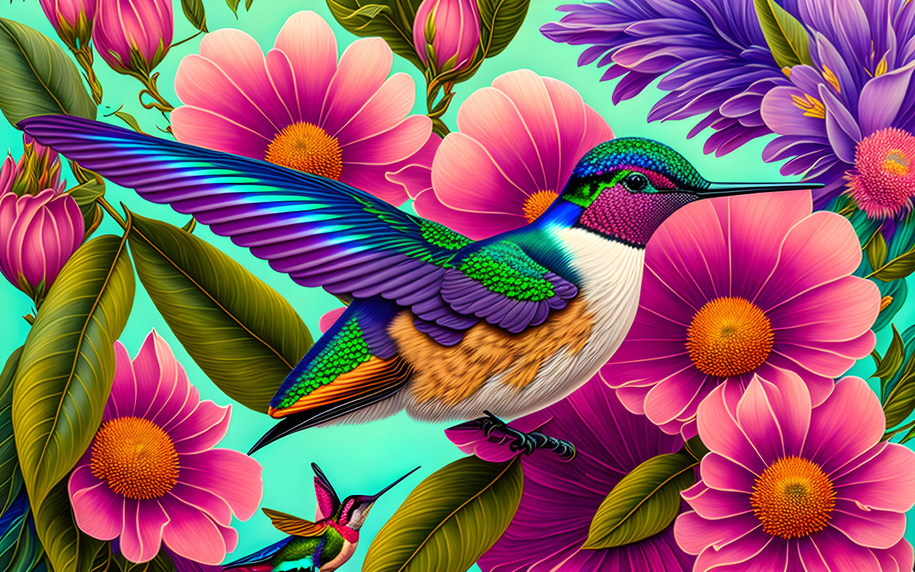 Colorful illustration: Hummingbirds flying among pink flowers & green leaves