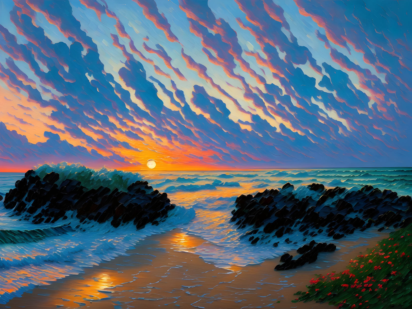 Vibrant sunset painting with streaked clouds, calm sea, rocks, and red flowers.