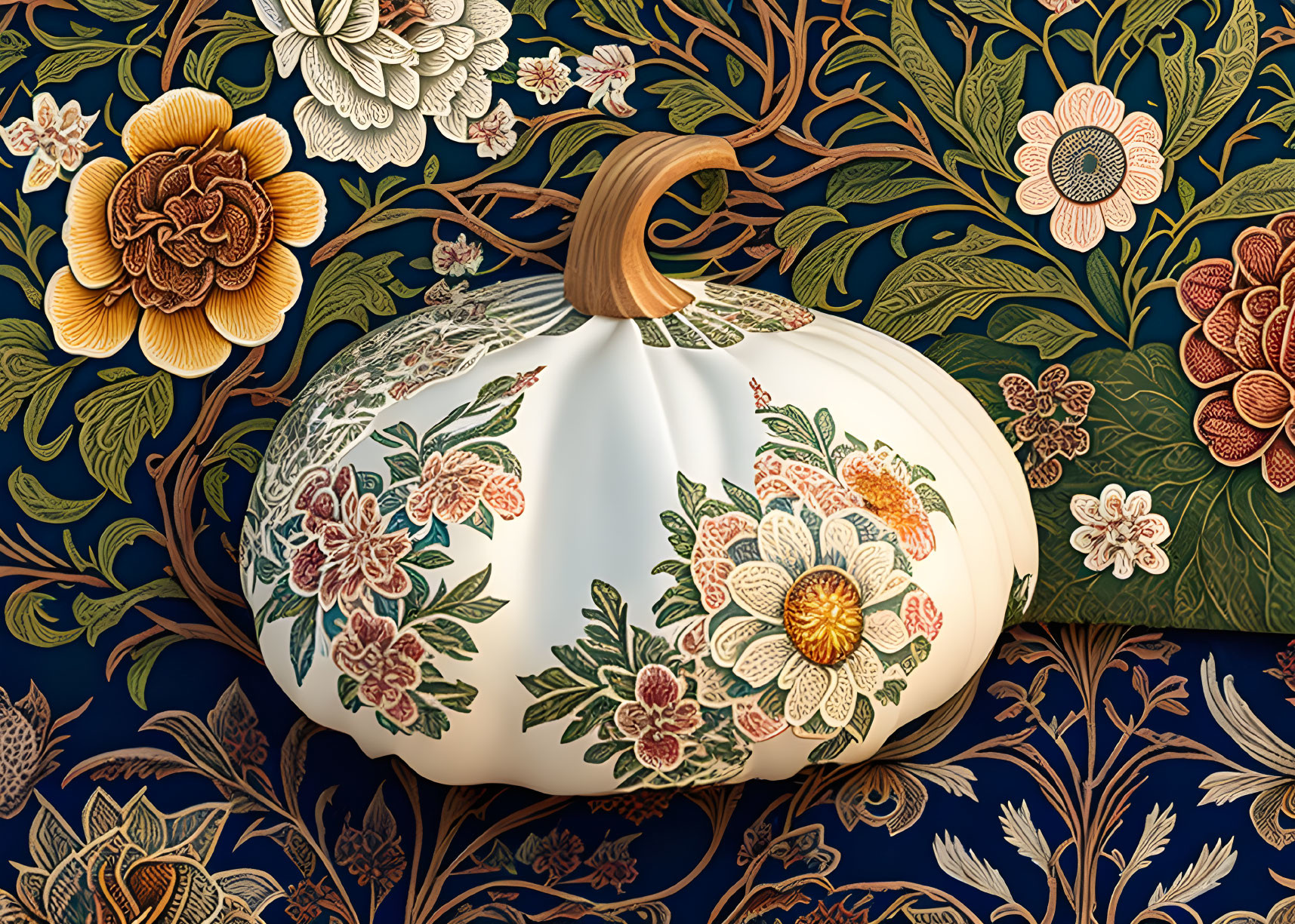 Floral Patterned Ceramic Pumpkin on Dark Background with Botanical Illustrations