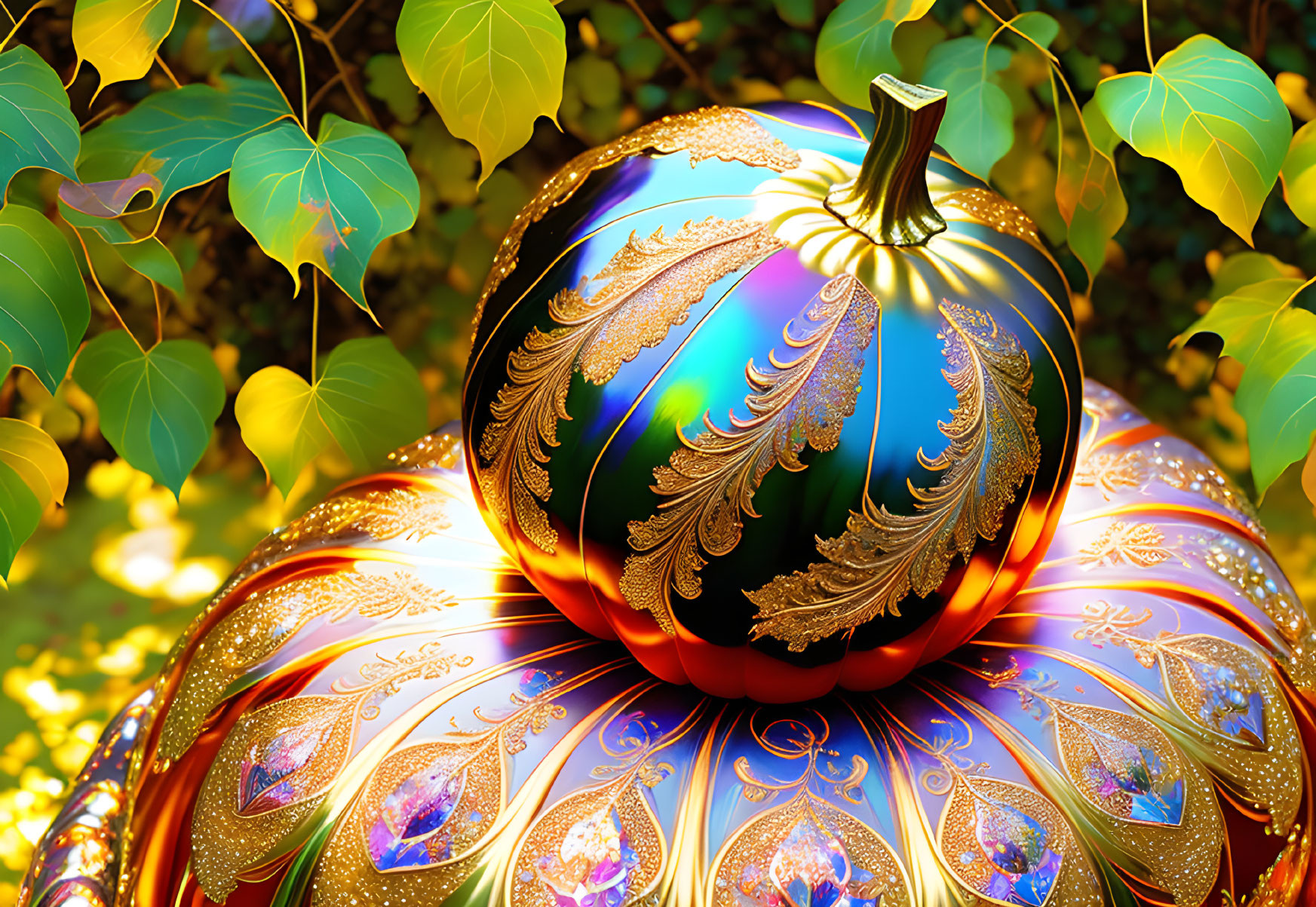 Colorful Ornate Pumpkin with Gold Patterns and Gem Accents in Sunlit Setting