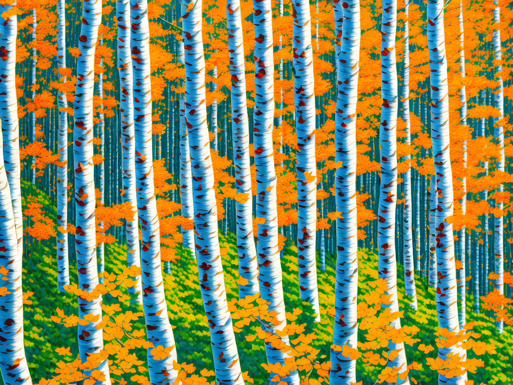 Striped White and Blue Birch Trees in Autumn Forest with Orange Leaves