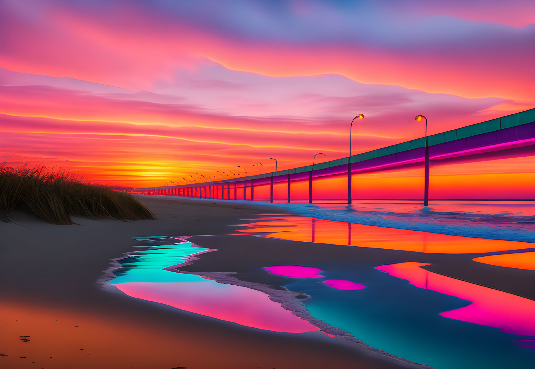 Scenic sunset with pink and orange hues over beach pier