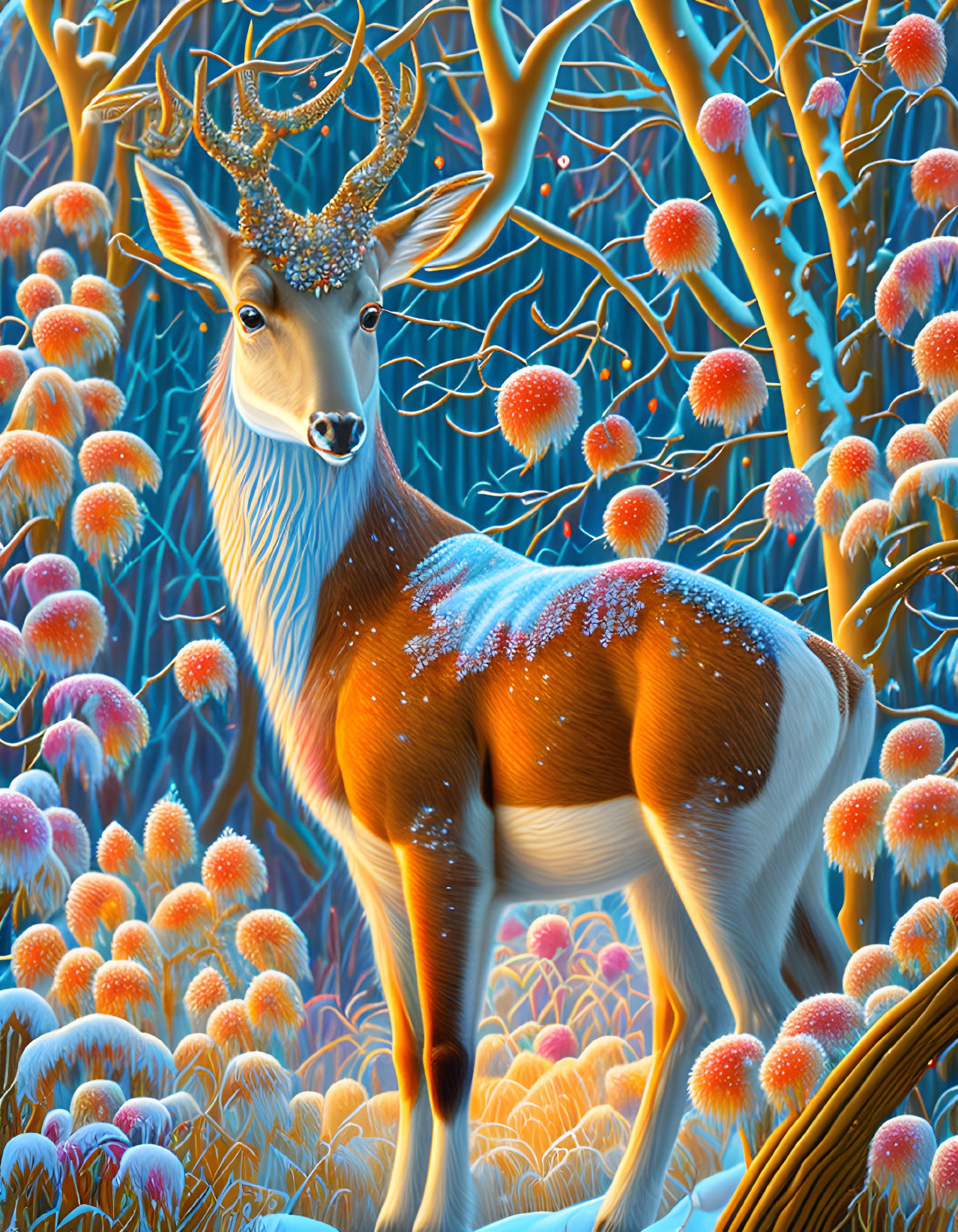 Mystical stag with glowing antlers in vibrant blue forest