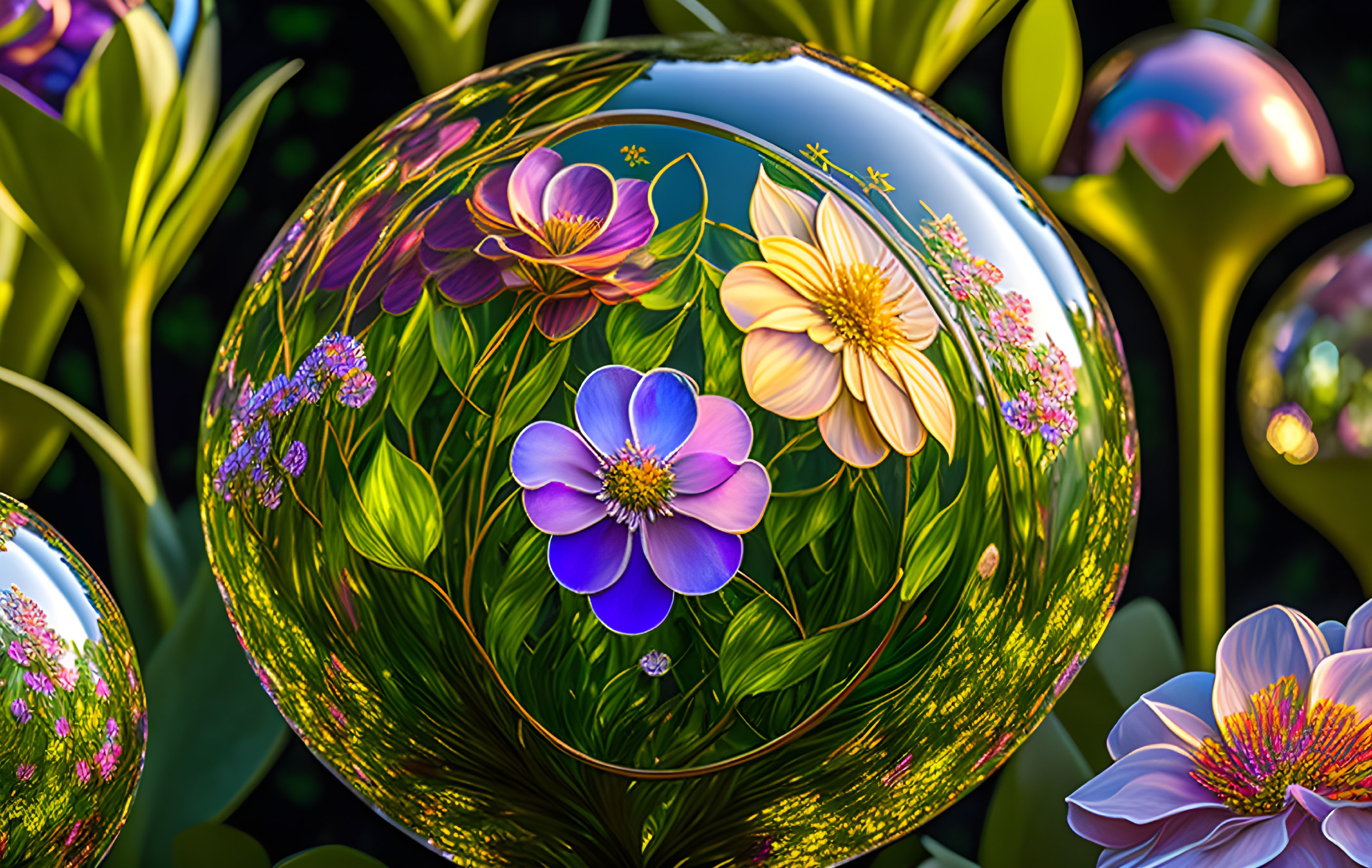 Reflective sphere with flower designs, plants, and bubbles in warm light