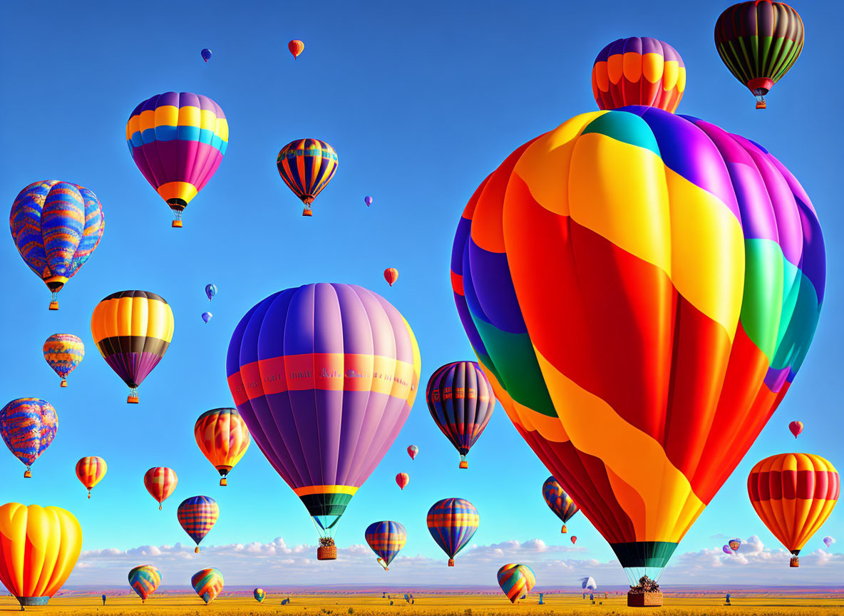 Colorful hot air balloons in blue sky with fluffy clouds