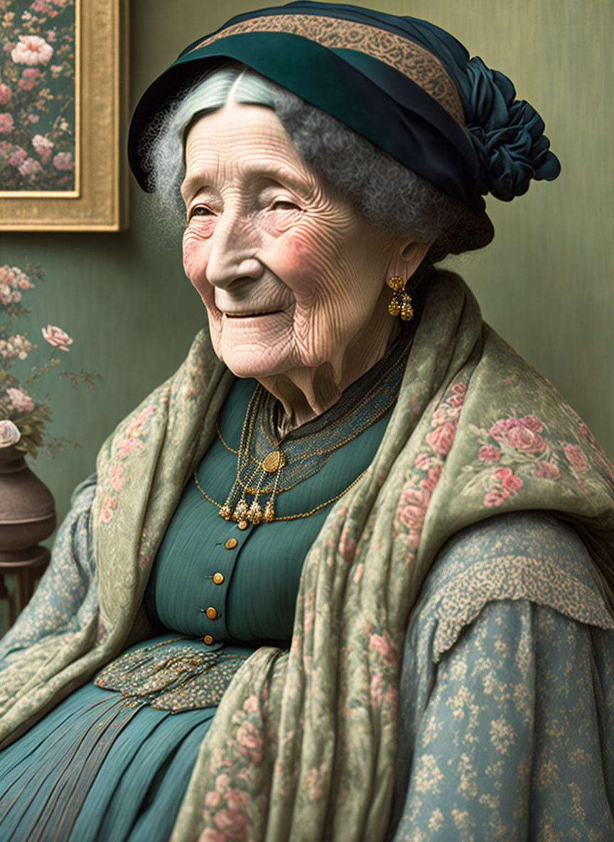 Smiling elderly woman in teal dress and blue hat with floral wallpaper and vase