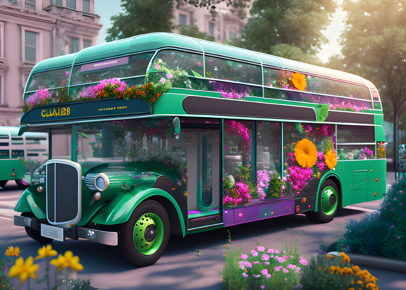 Vintage Double-Decker Bus Covered in Flowers on City Street