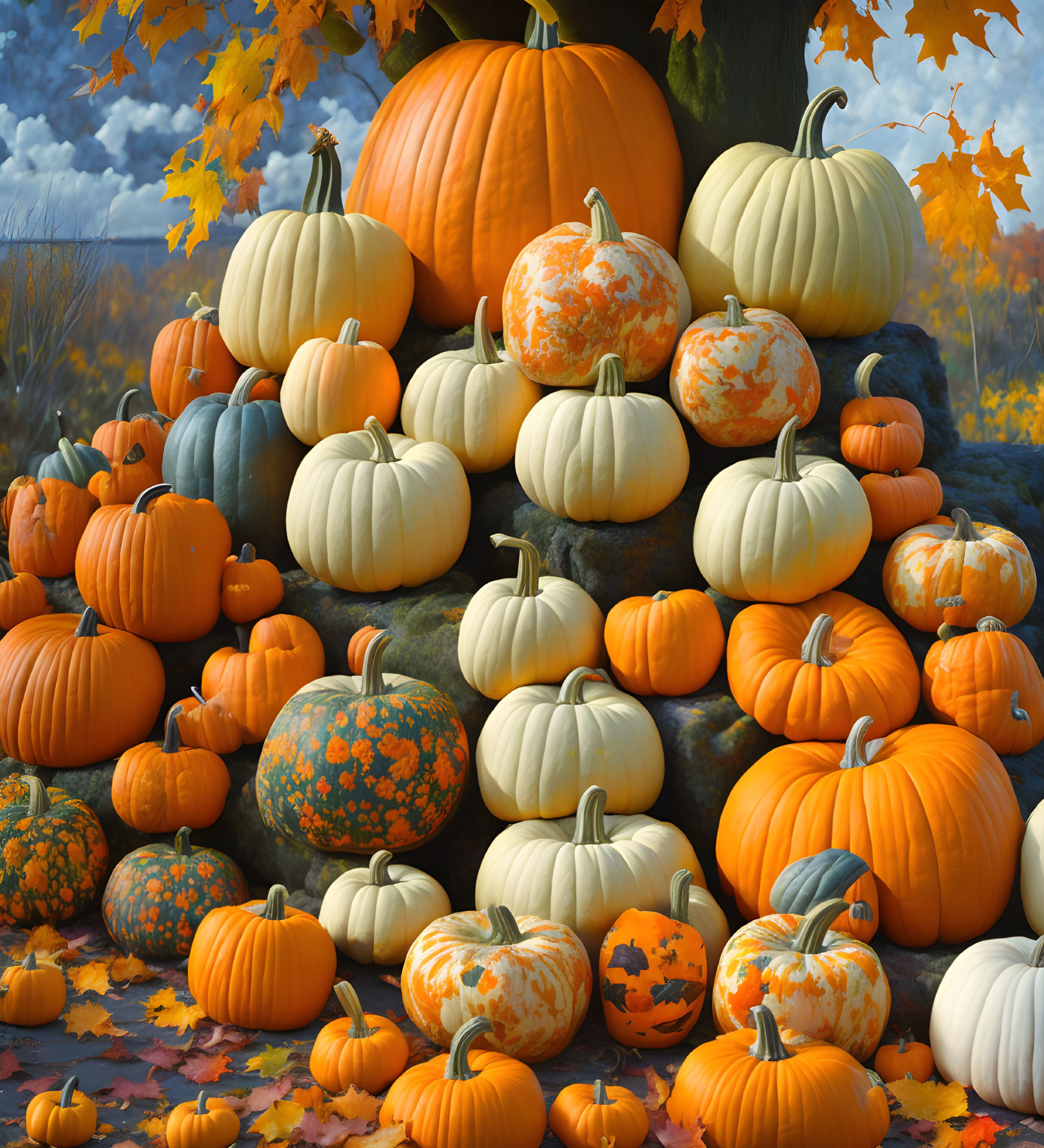 Colorful Pumpkins and Gourds Stack by Tree in Autumn Scene