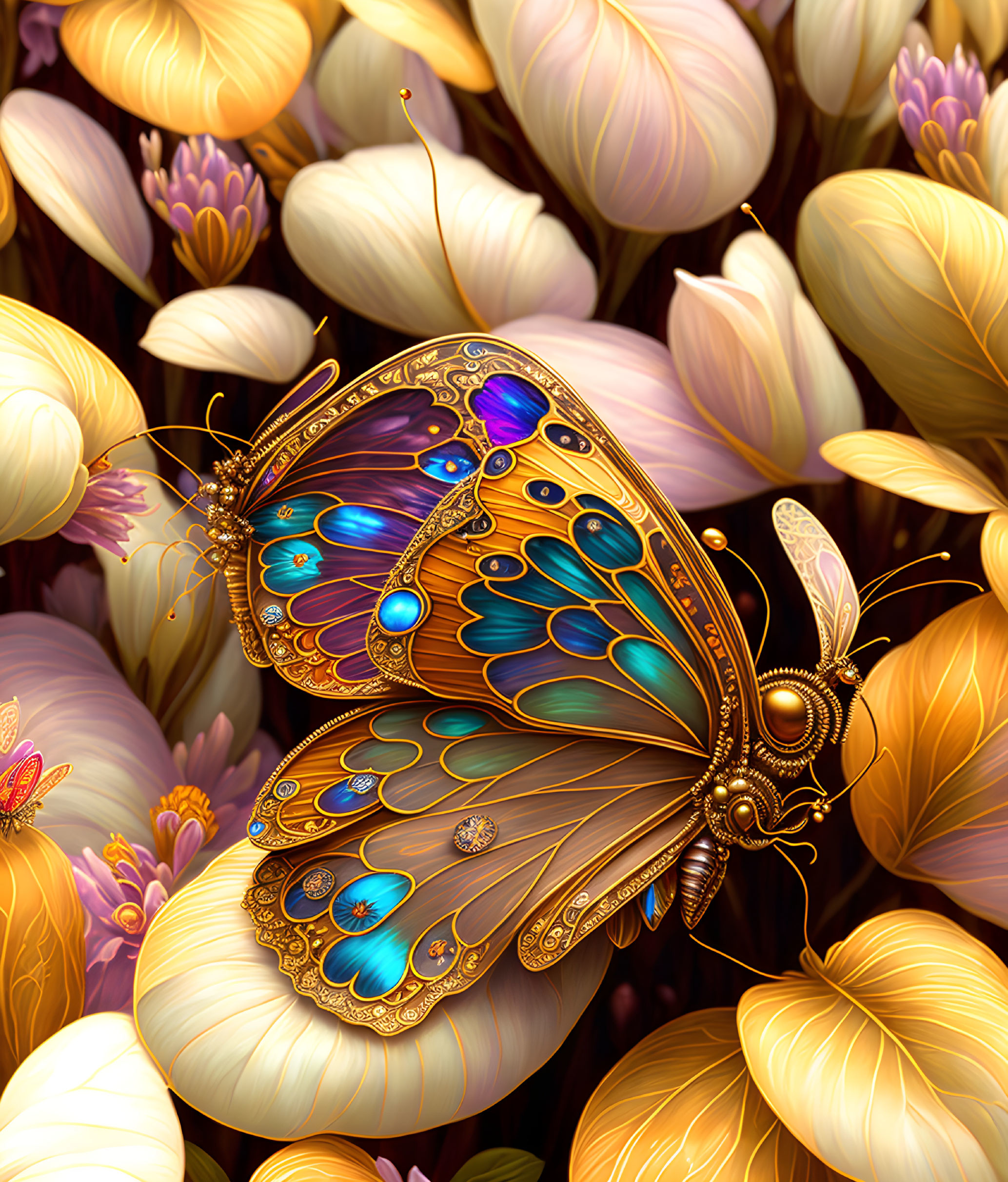 Detailed digital illustration of ornate butterfly with jewel-toned wings amid pink and purple flowers