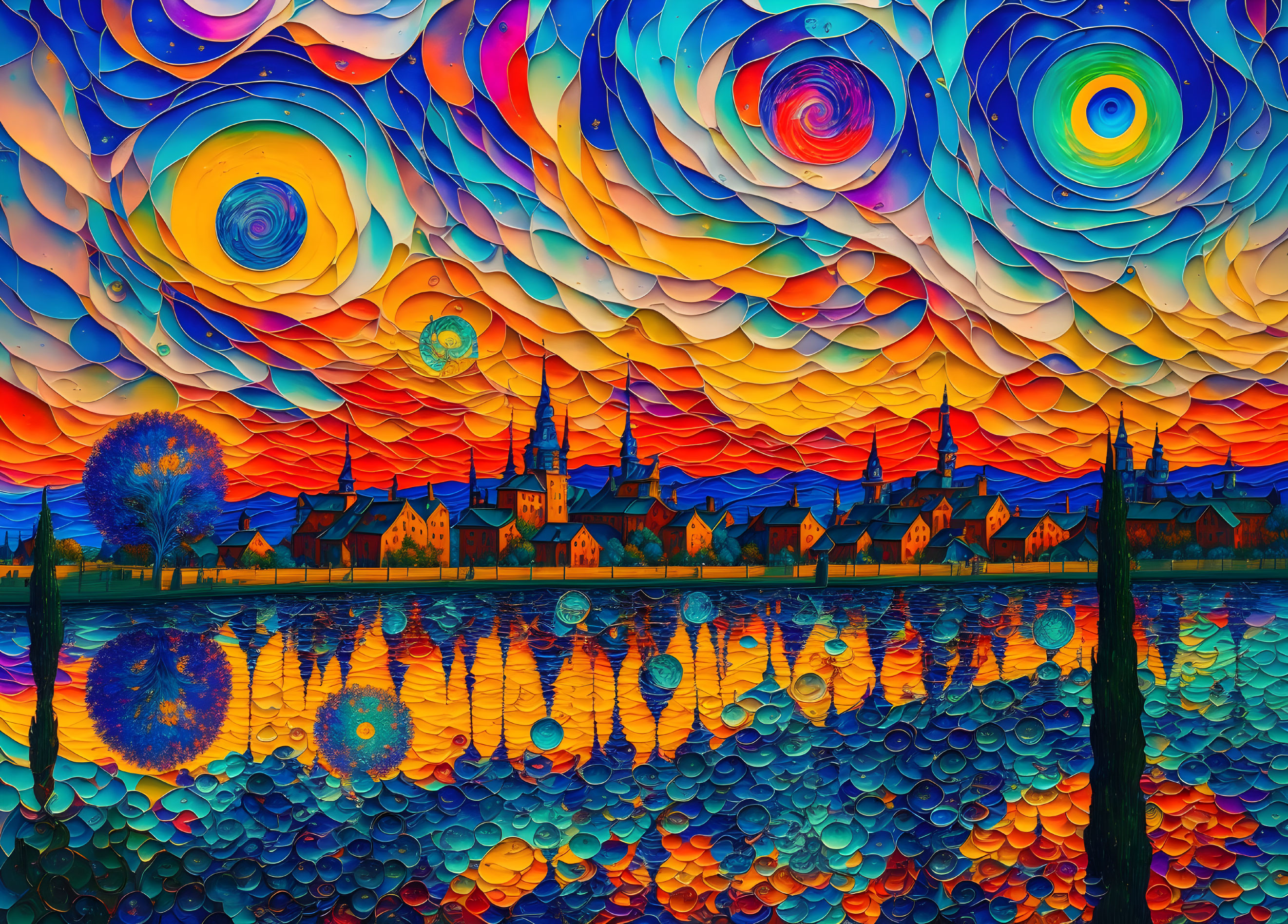 Colorful swirling sky over stylized town and water landscape