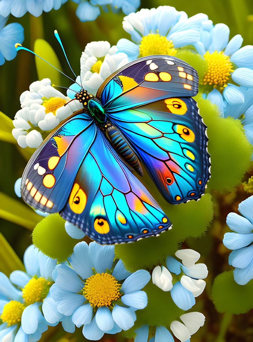 Colorful Butterfly Resting on Blue and Orange Flowers in Green Setting