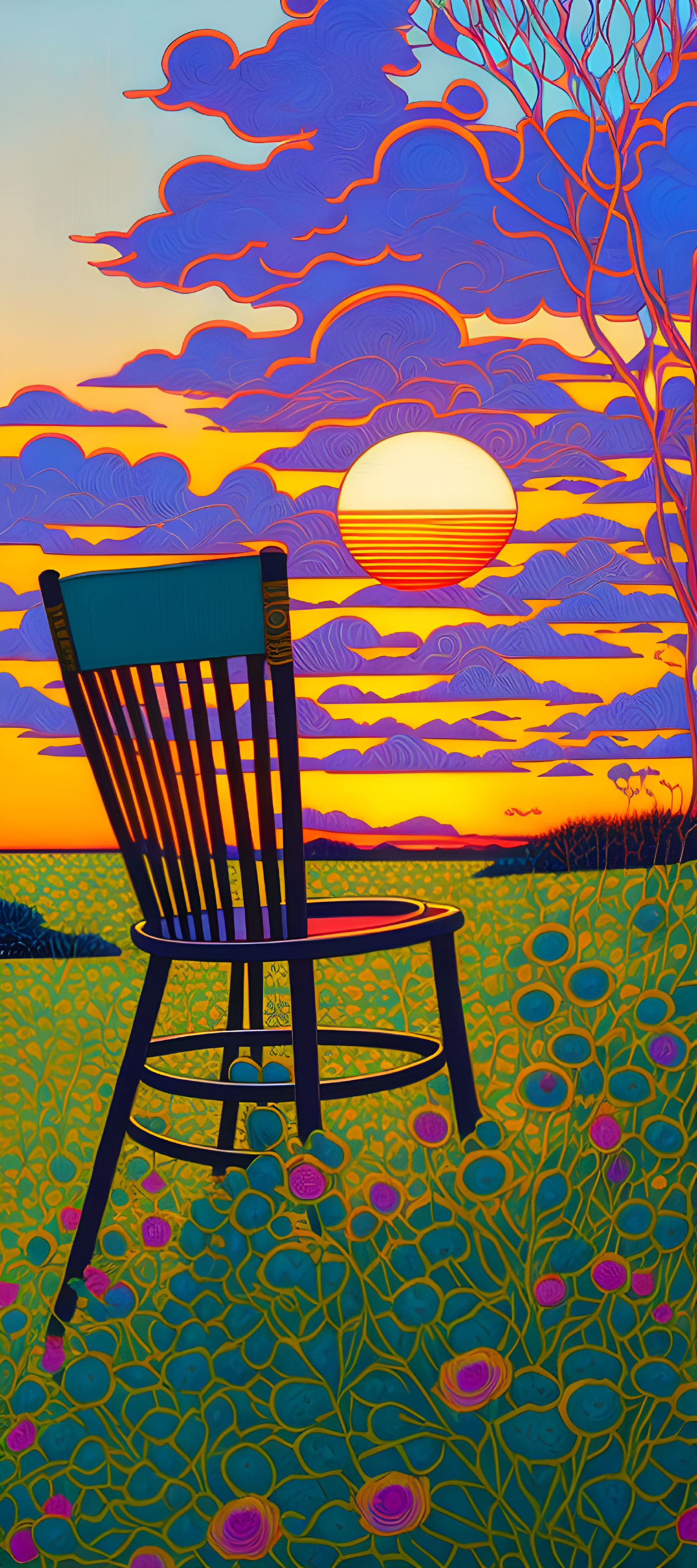 Vibrant stylized image: solitary chair in flower field with sunset & whimsical clouds