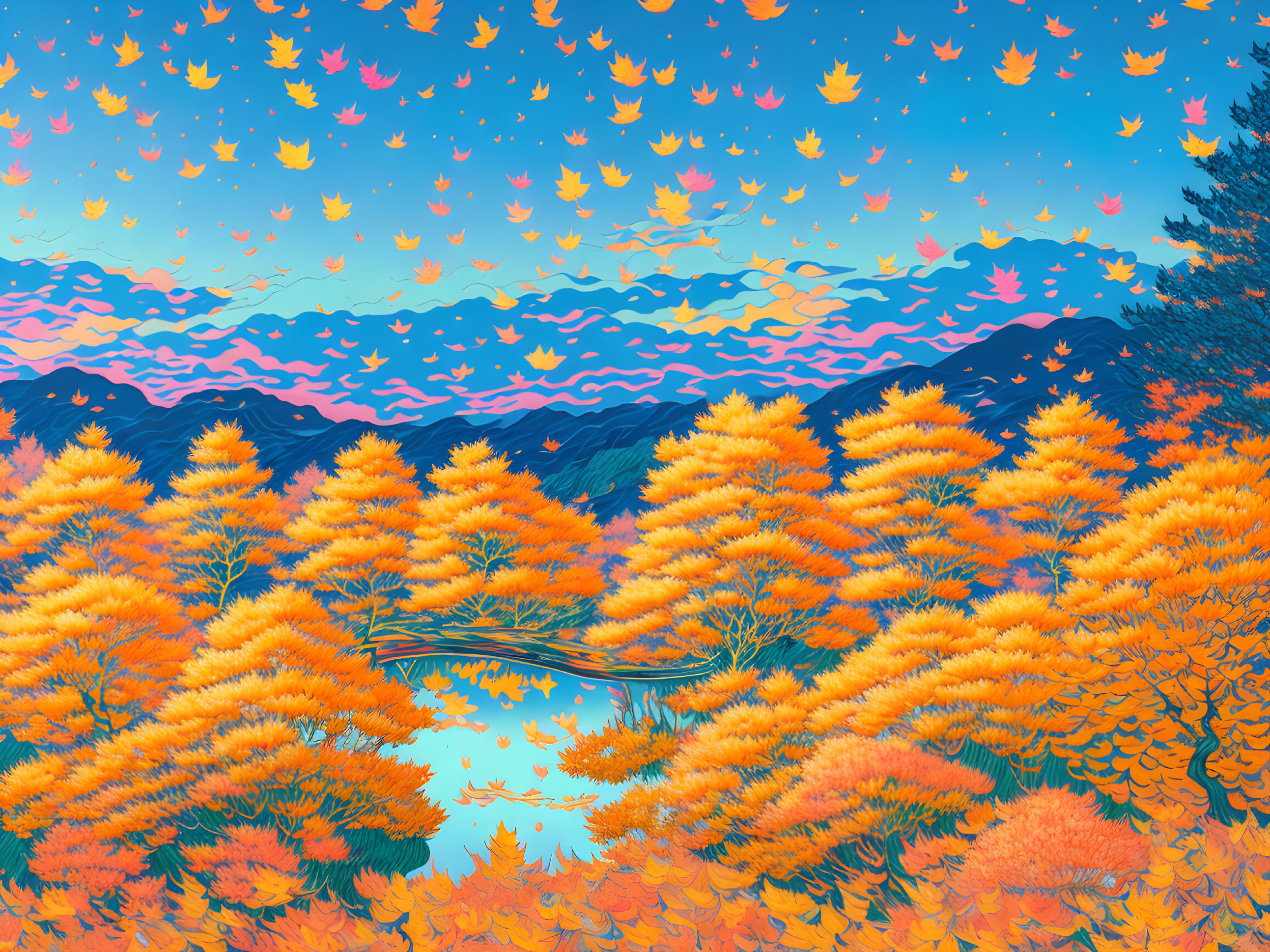 Scenic autumn landscape with river, mountains, and falling leaves