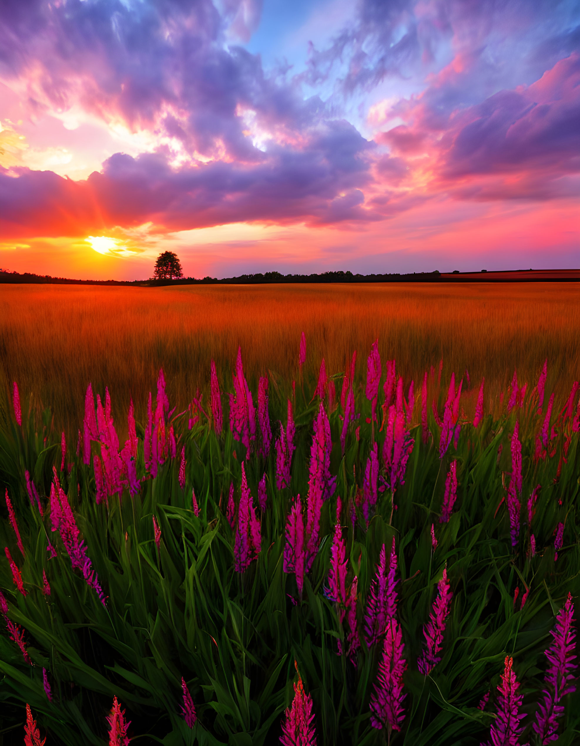 Colorful sunset scene with purple flowers in lush field under dramatic sky