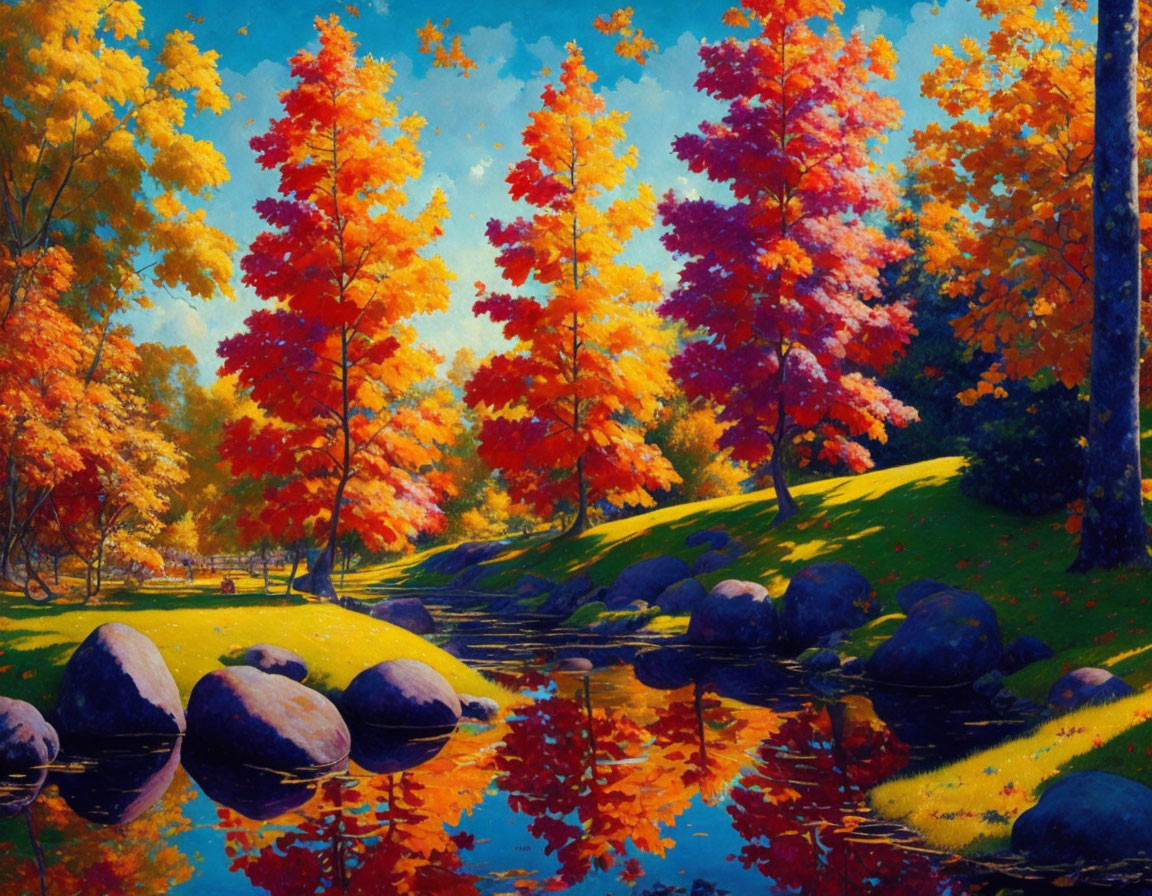 Colorful Autumn Trees Reflecting in River with Stones - Serene Nature Scene