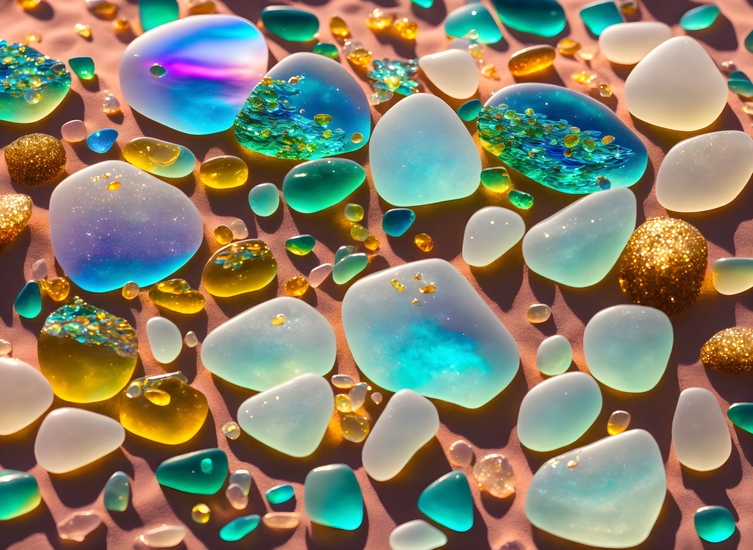 Vibrant water droplets with gold particles on gradient surface