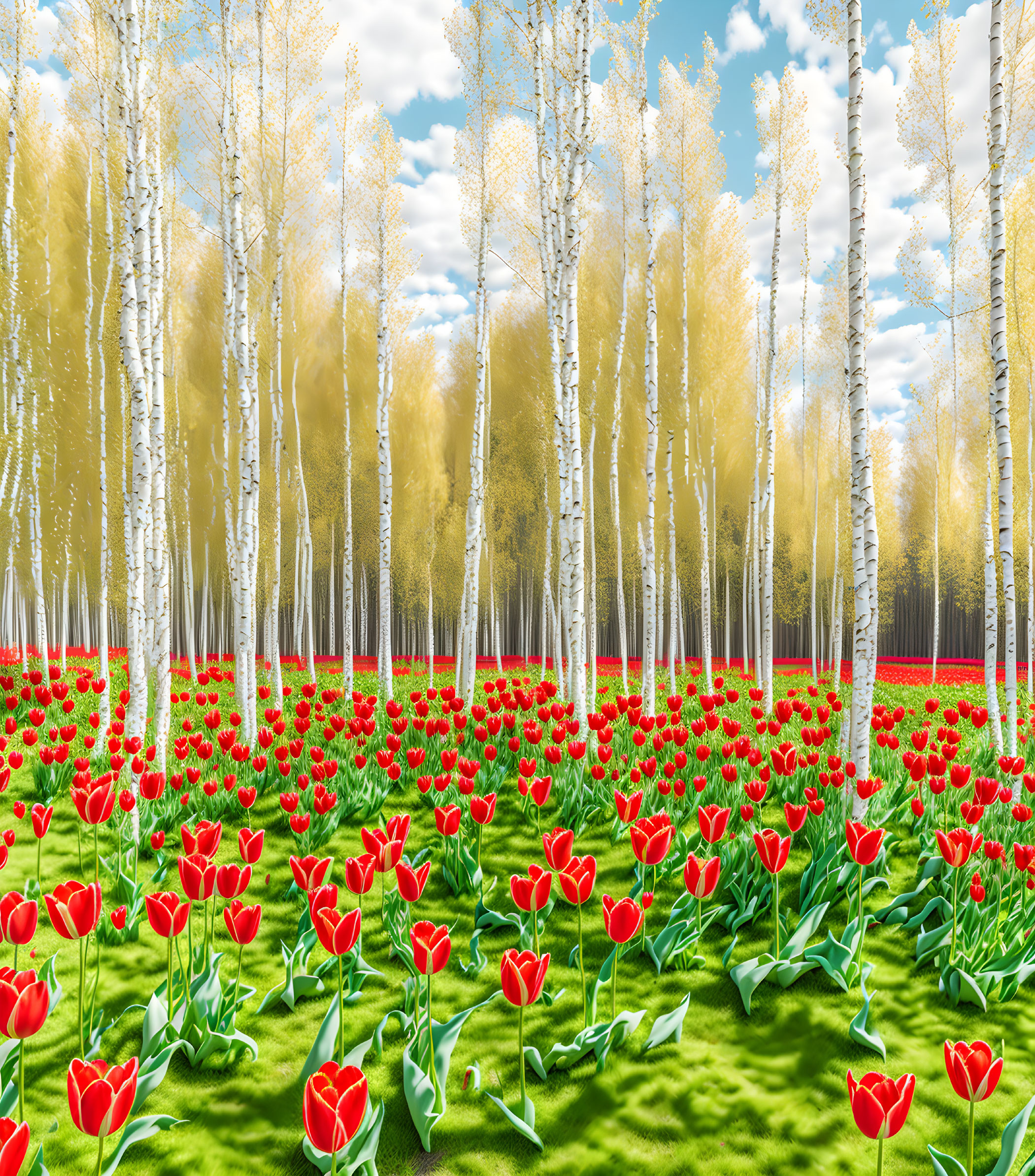 Scenic red tulip field with white-barked trees under blue sky