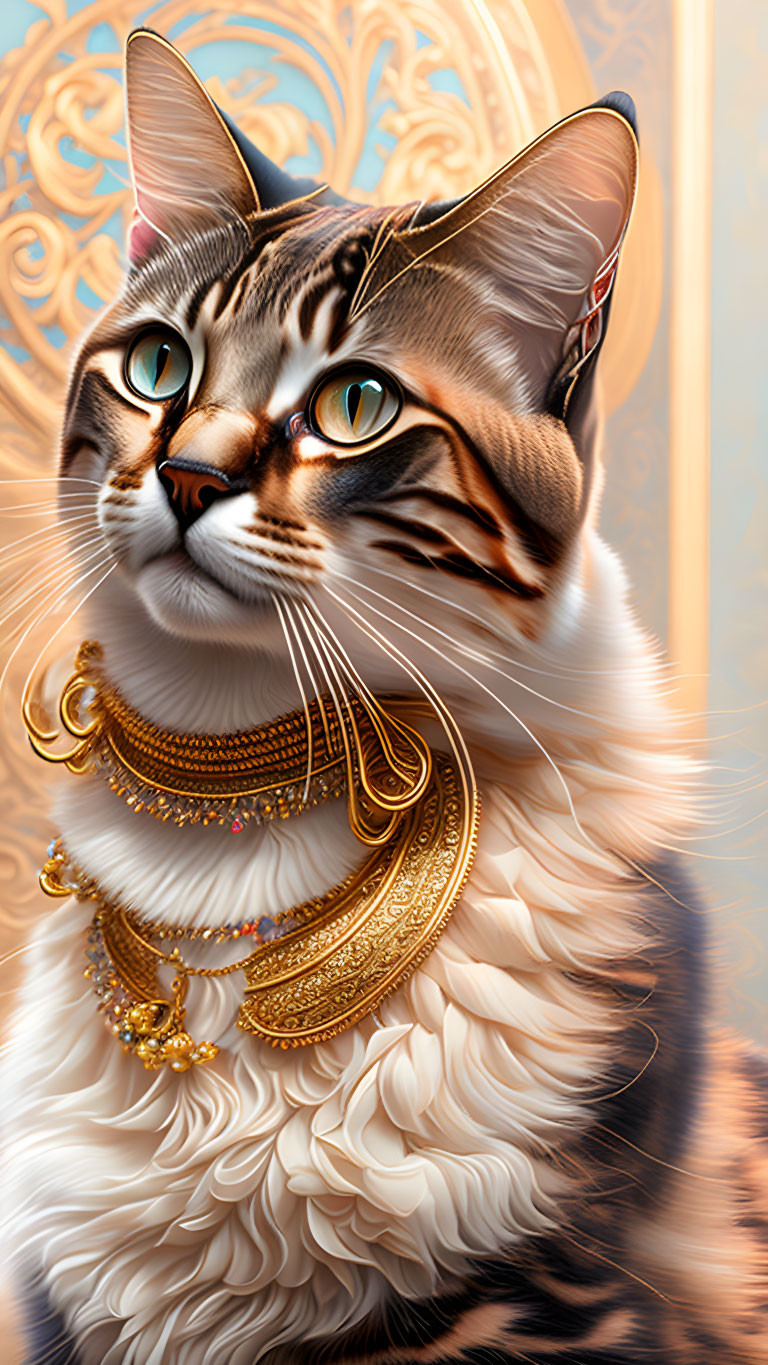 Regal Cat with Green Eyes and Gold Jewelry on Ornate Background