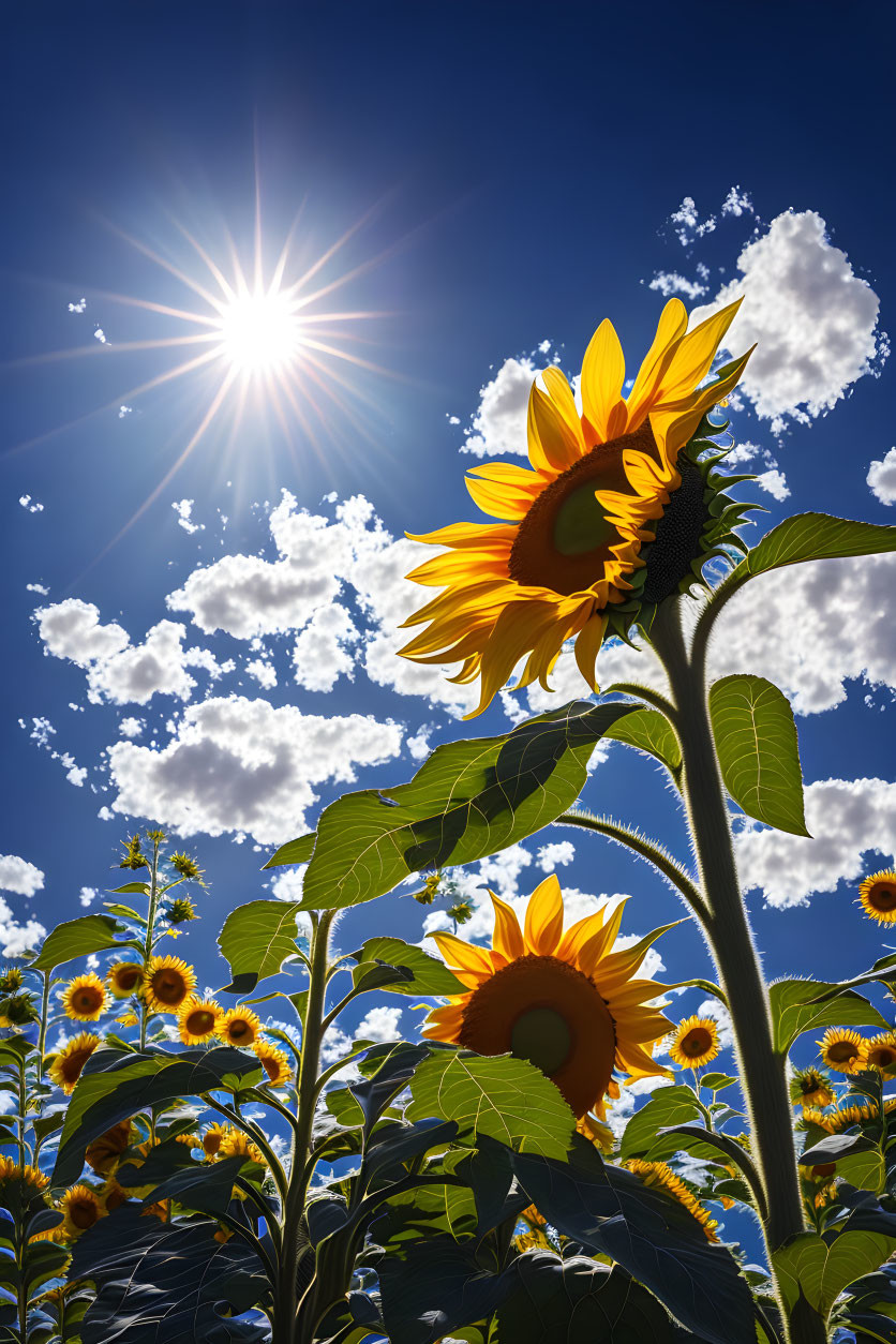 Sunflower Field Under Sunny Sky with Fluffy Clouds