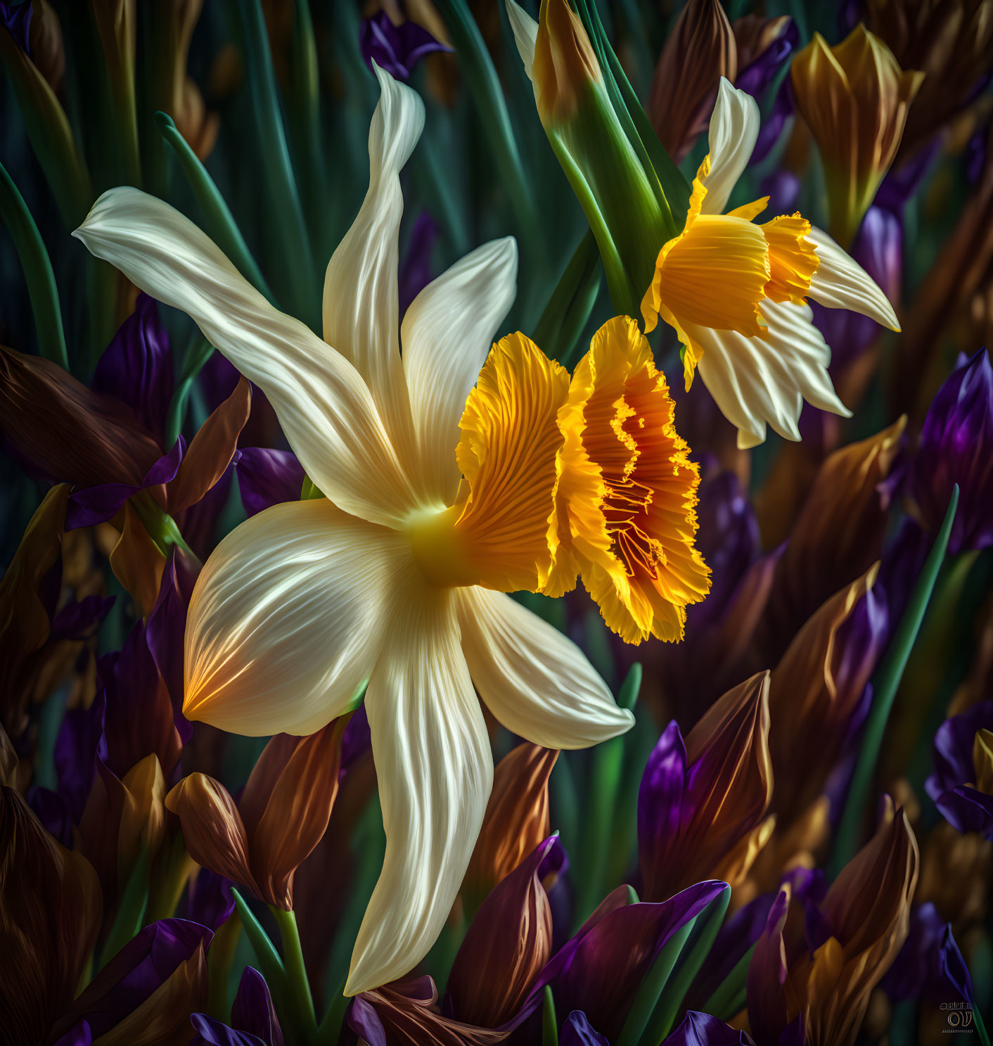 Close-up of white lily, yellow daffodils, and purple irises with detailed petals