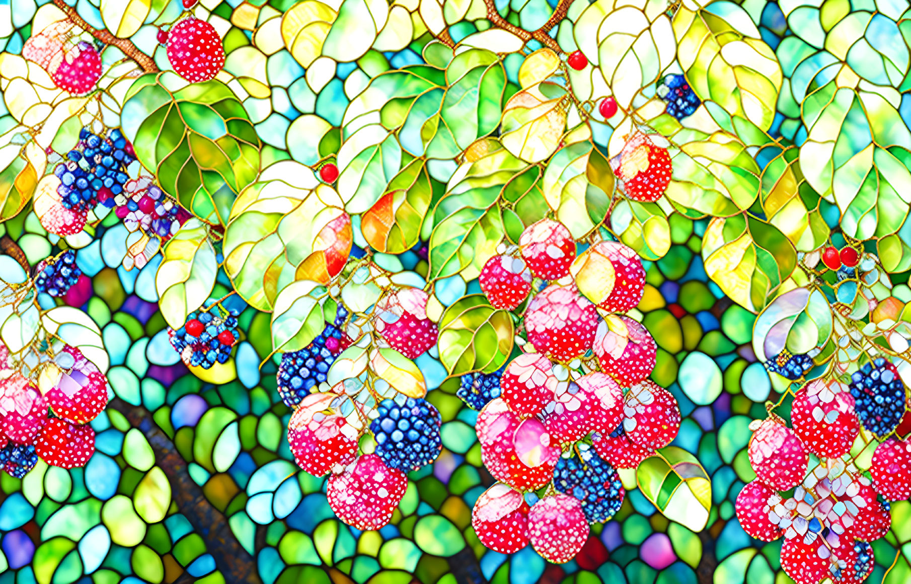 Colorful stained glass-style illustration of pink, red, and blue berries in lush green foliage