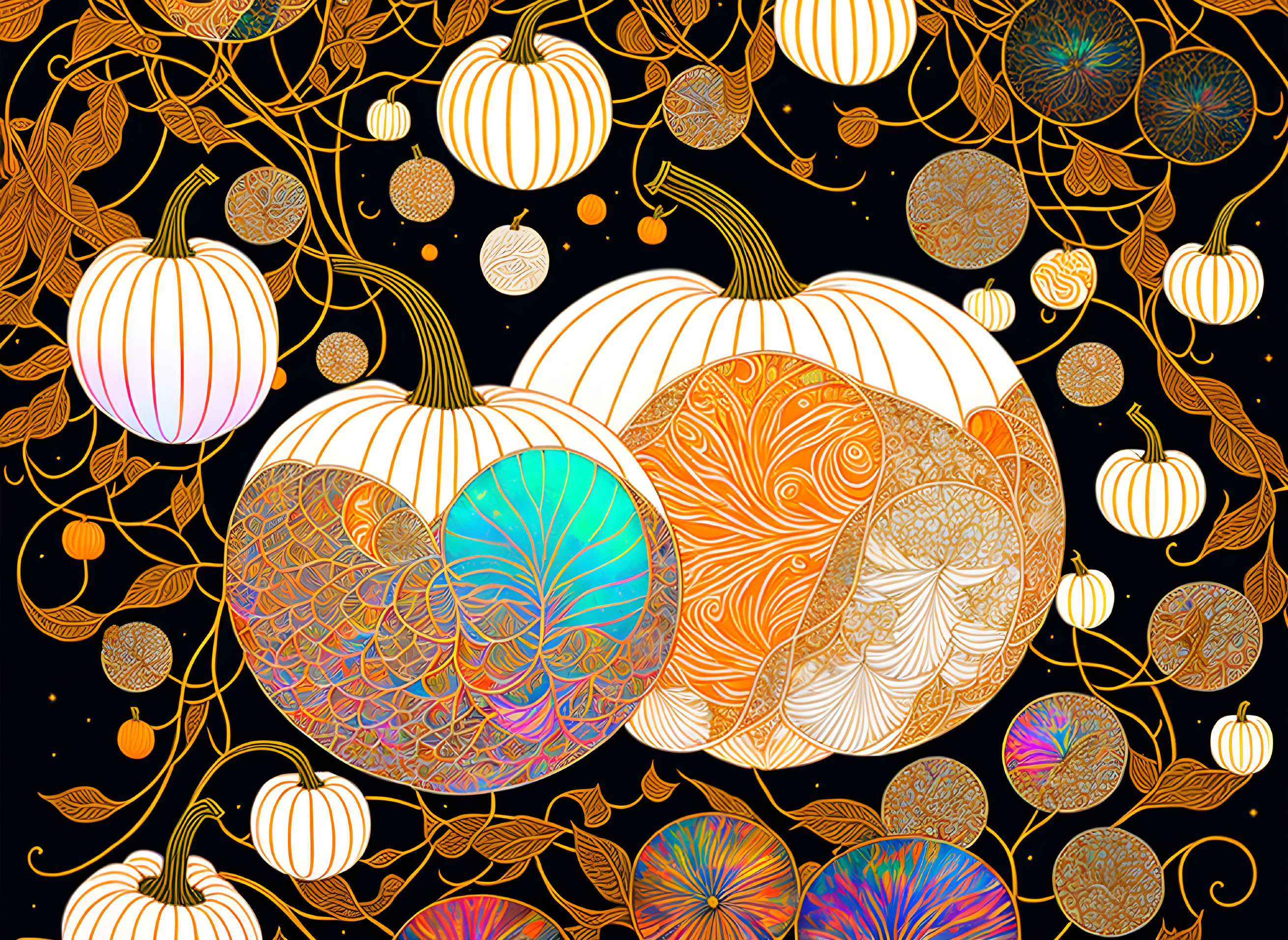 Colorful Pumpkin and Vine Illustration on Starry Night Sky