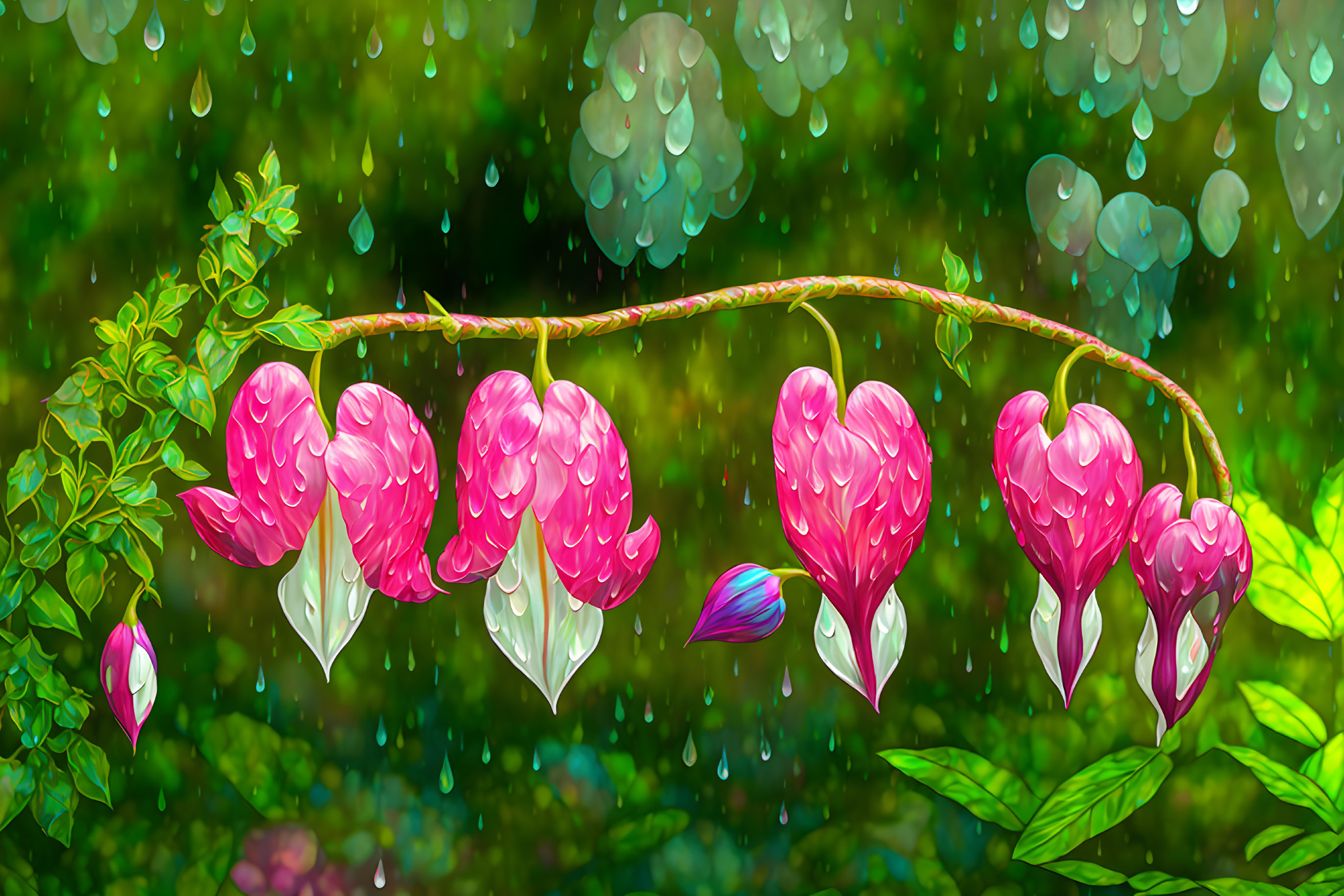 Detailed Illustration of Pink Bleeding Heart Flowers in Raindrops