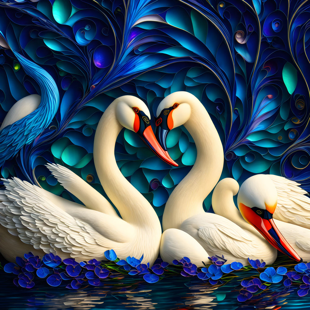 Swans Form Heart Shape in Blue Patterned Background