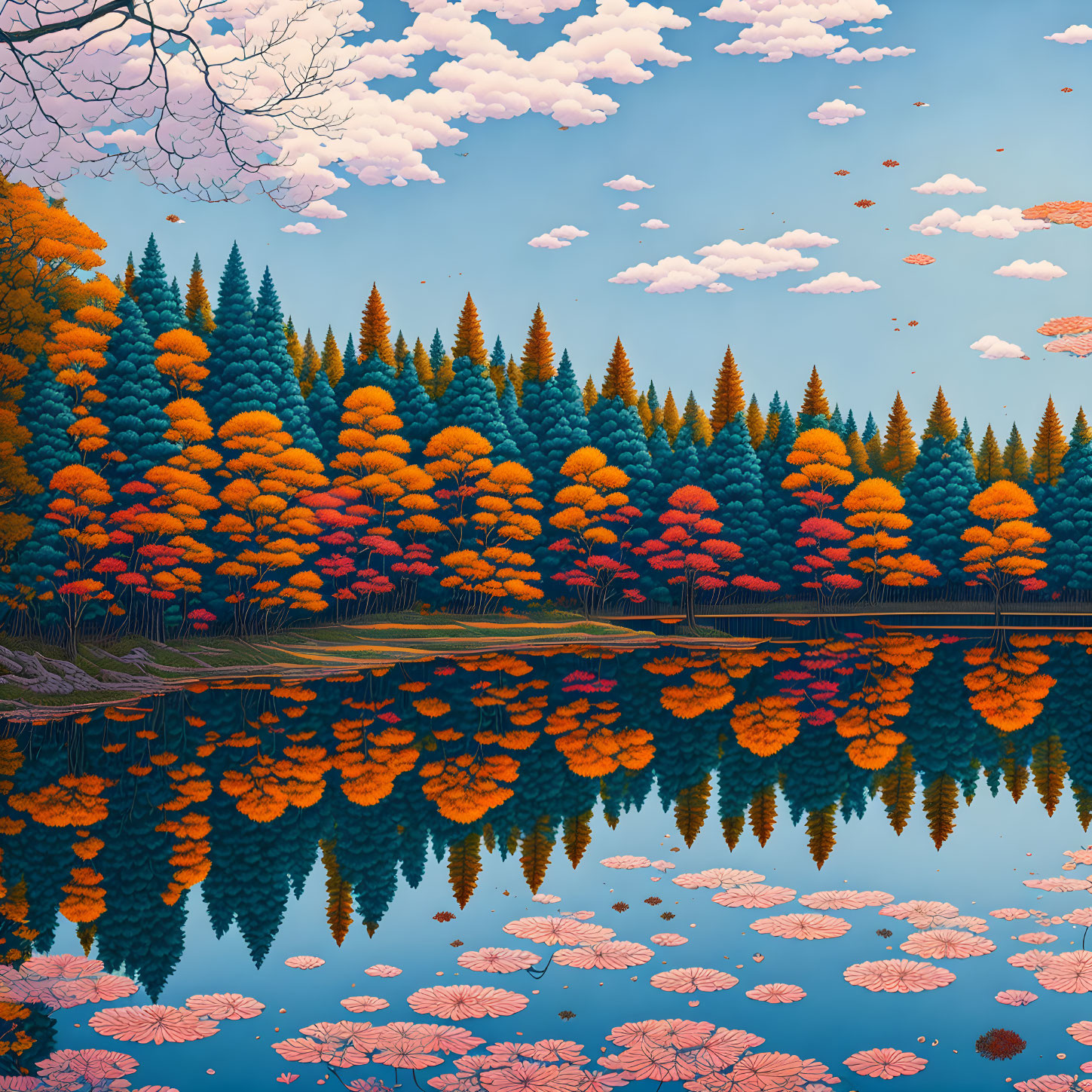 Colorful forest reflection on serene lake with pink water lilies