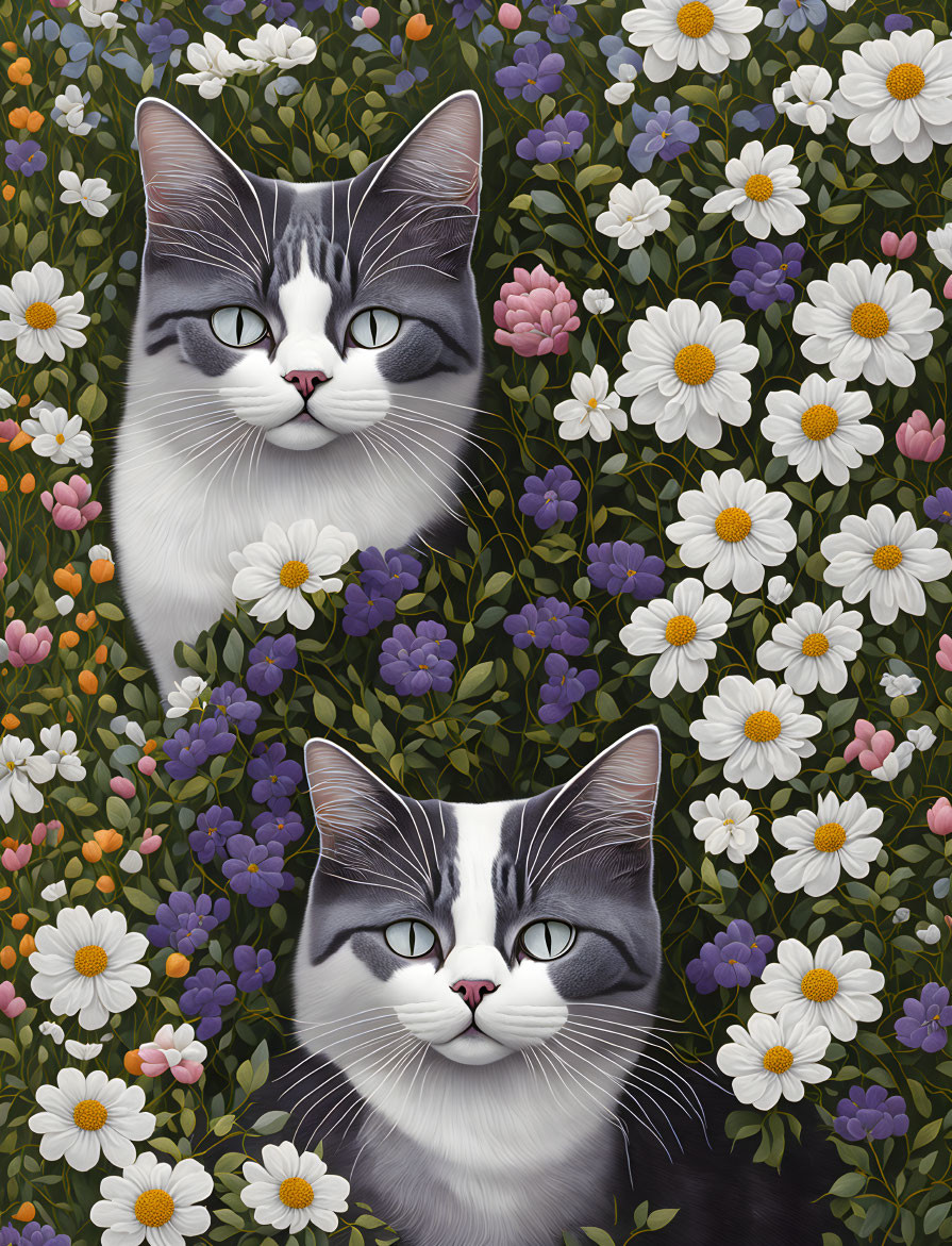 Realistic Gray and White Cats in Vibrant Floral Setting