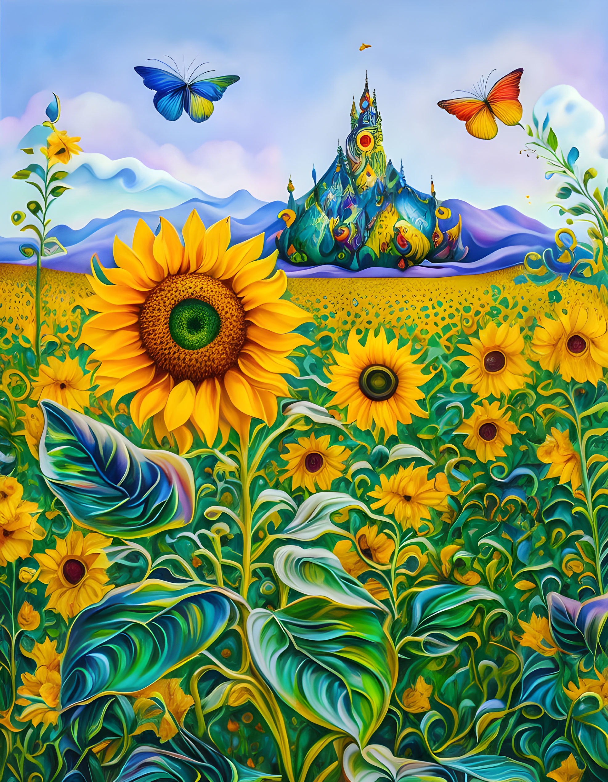 Colorful surreal landscape with sunflowers, butterflies, and ornate castle