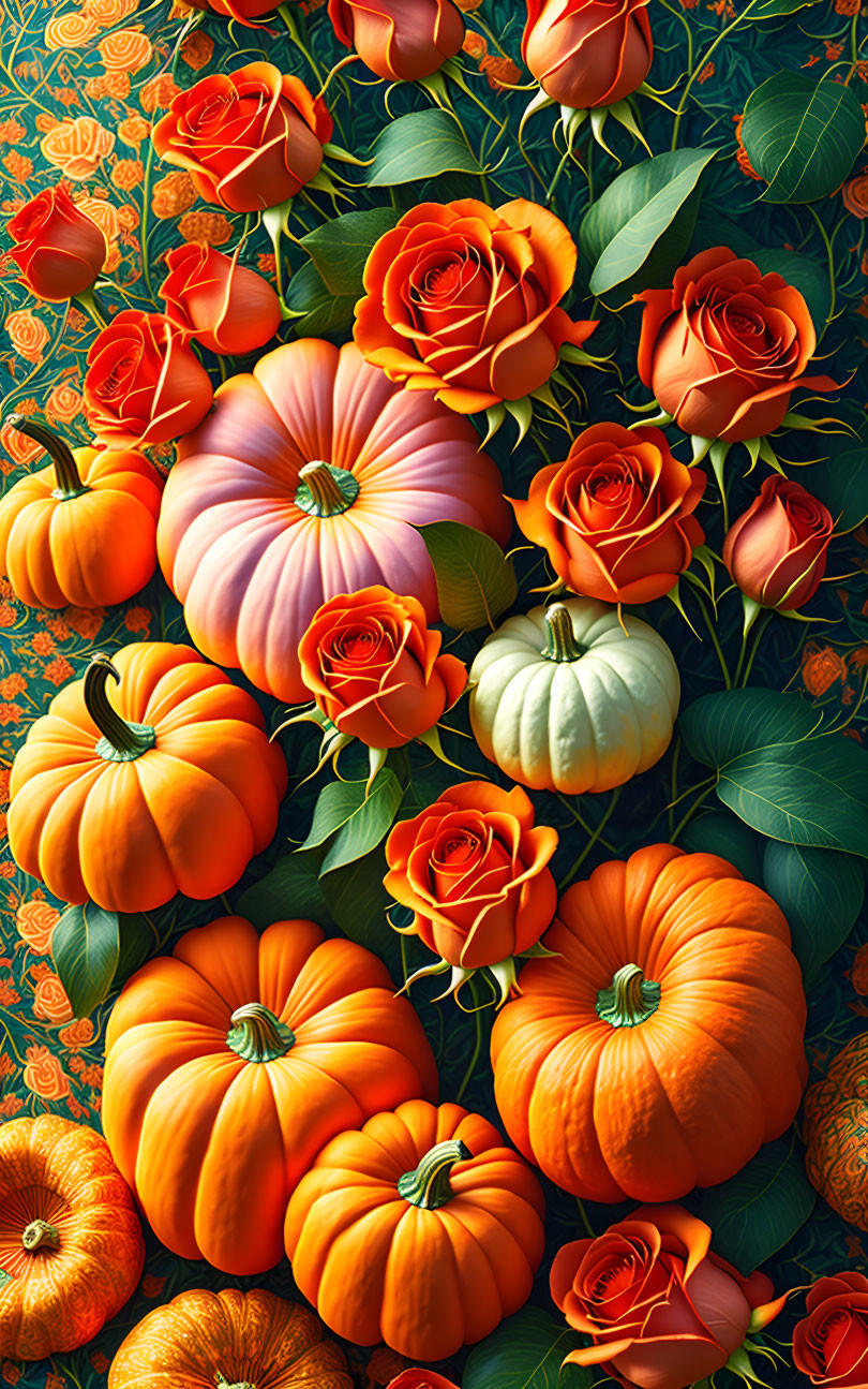 Orange Roses and Pumpkins on Teal Background with Gold Accents