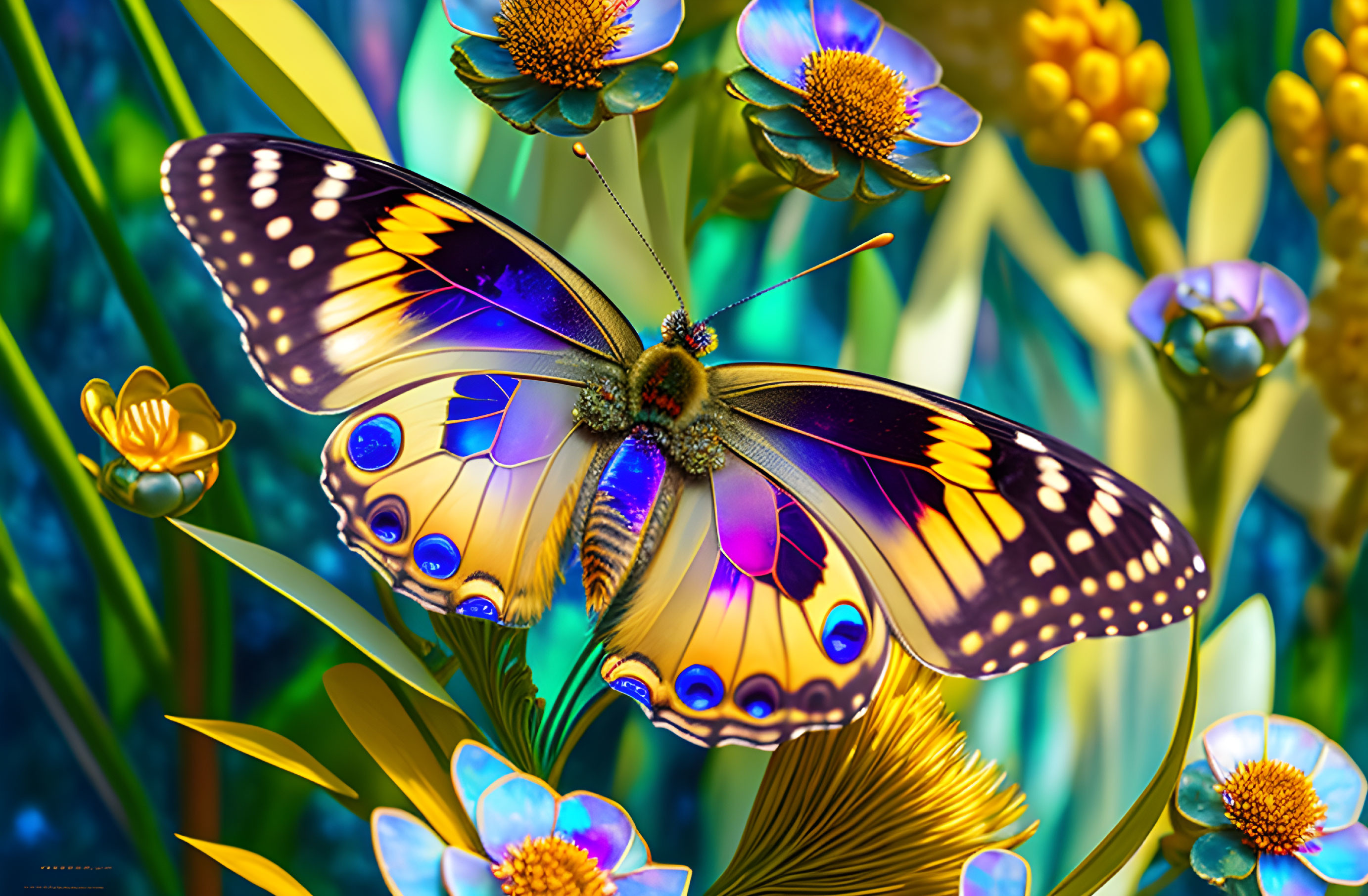 Colorful Butterfly Among Intricate Flowers in Fantasy Garden