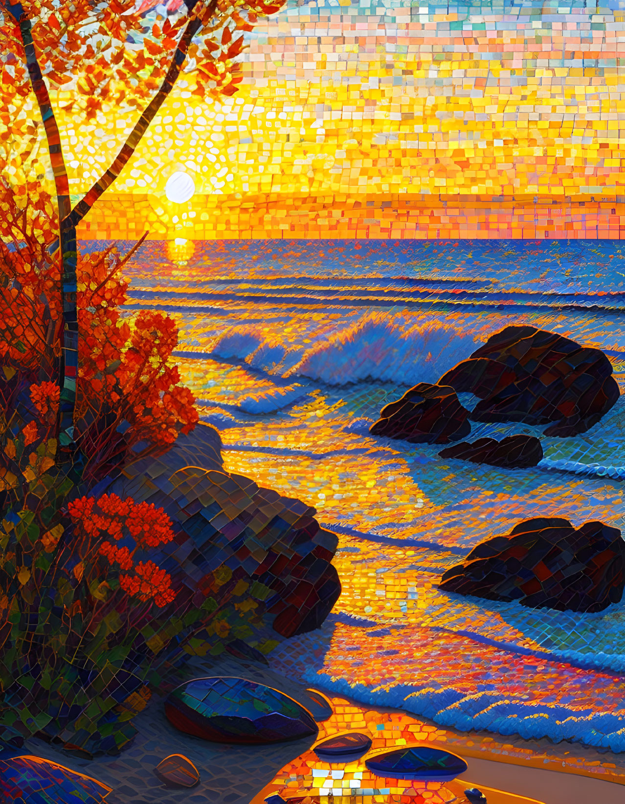 Colorful mosaic artwork: Sunset beach scene with waves and autumn trees