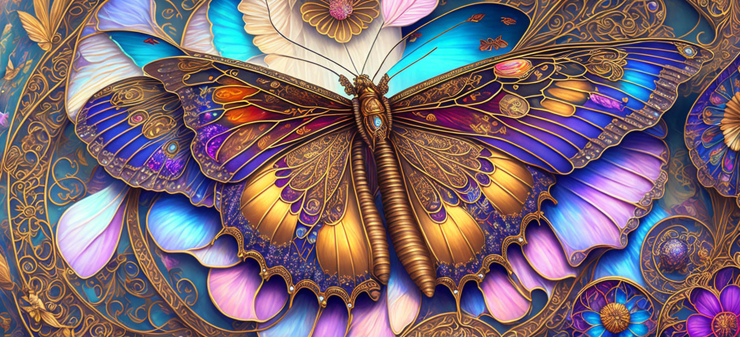 Detailed Stylized Butterfly Artwork on Floral Background