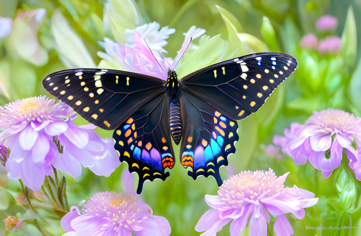 Colorful Butterfly Resting on Purple Flowers in Soft Green Background