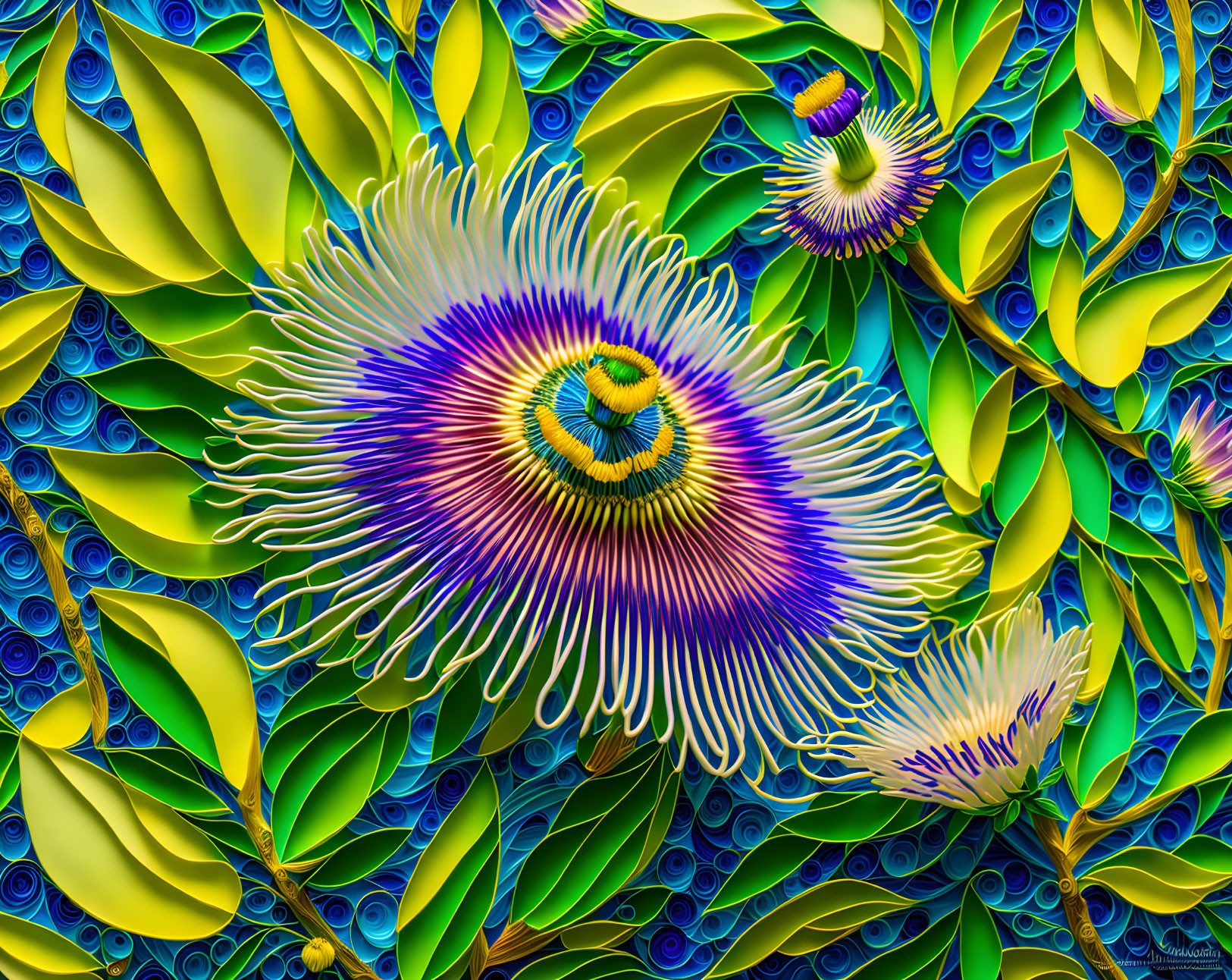 Colorful digital art featuring stylized passion flowers and foliage in rich blue, green, and yellow hues