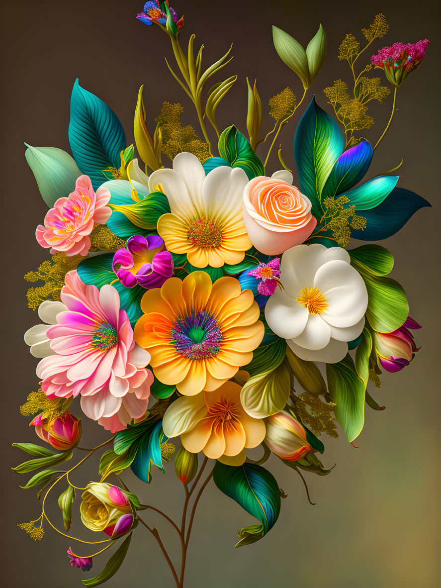 Colorful bouquet of various flowers on brown background