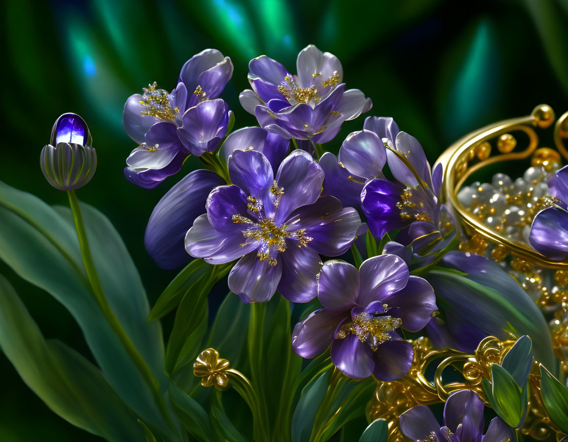 Vibrant purple flowers and golden jewelry on dark green backdrop