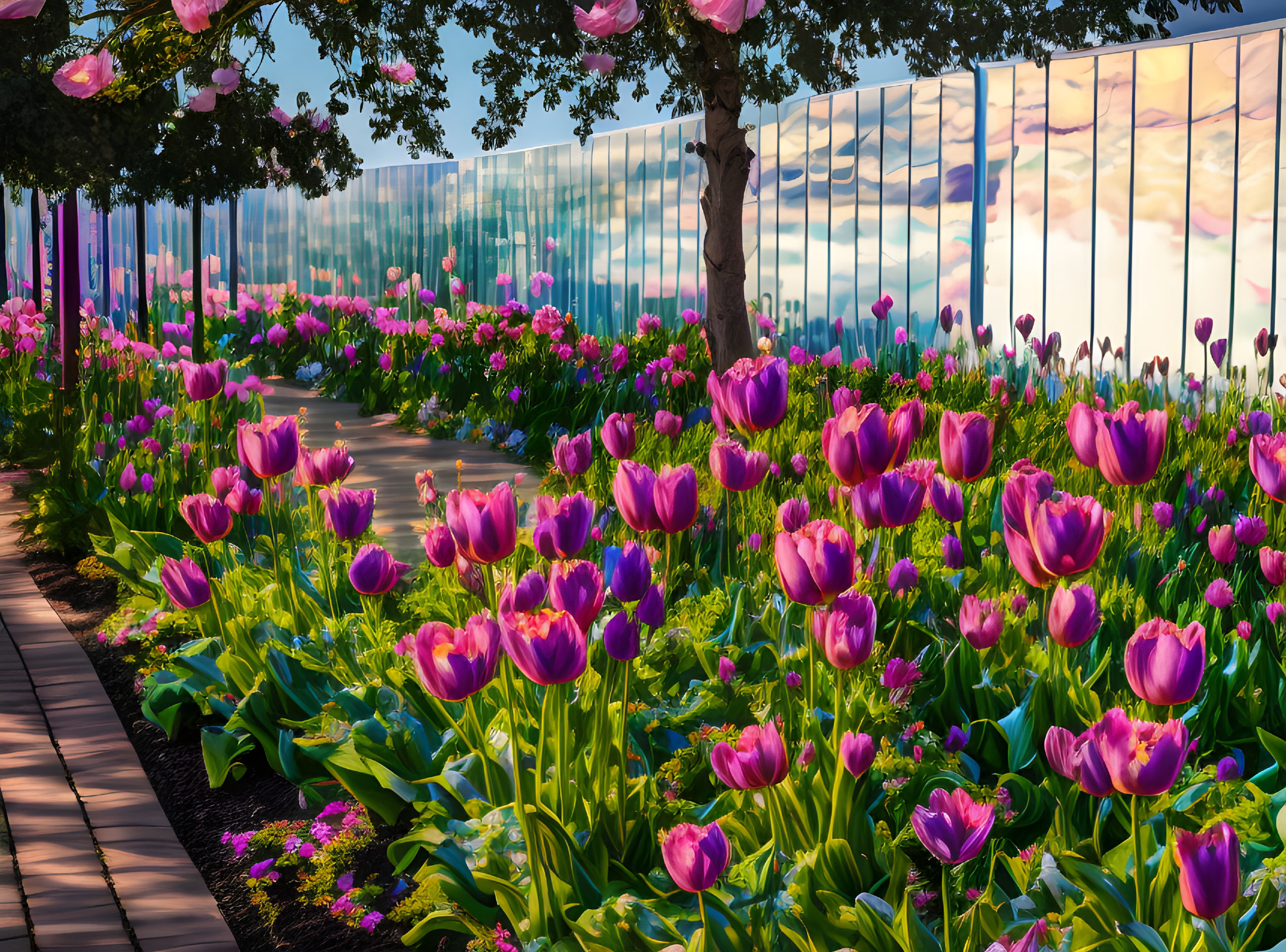 Colorful tulip garden and glass building under sunny sky