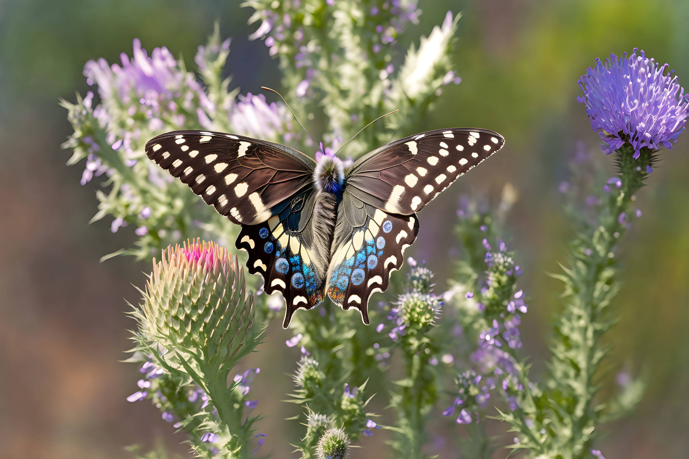 Colorful Butterfly Resting on Thistle Among Purple Flowers