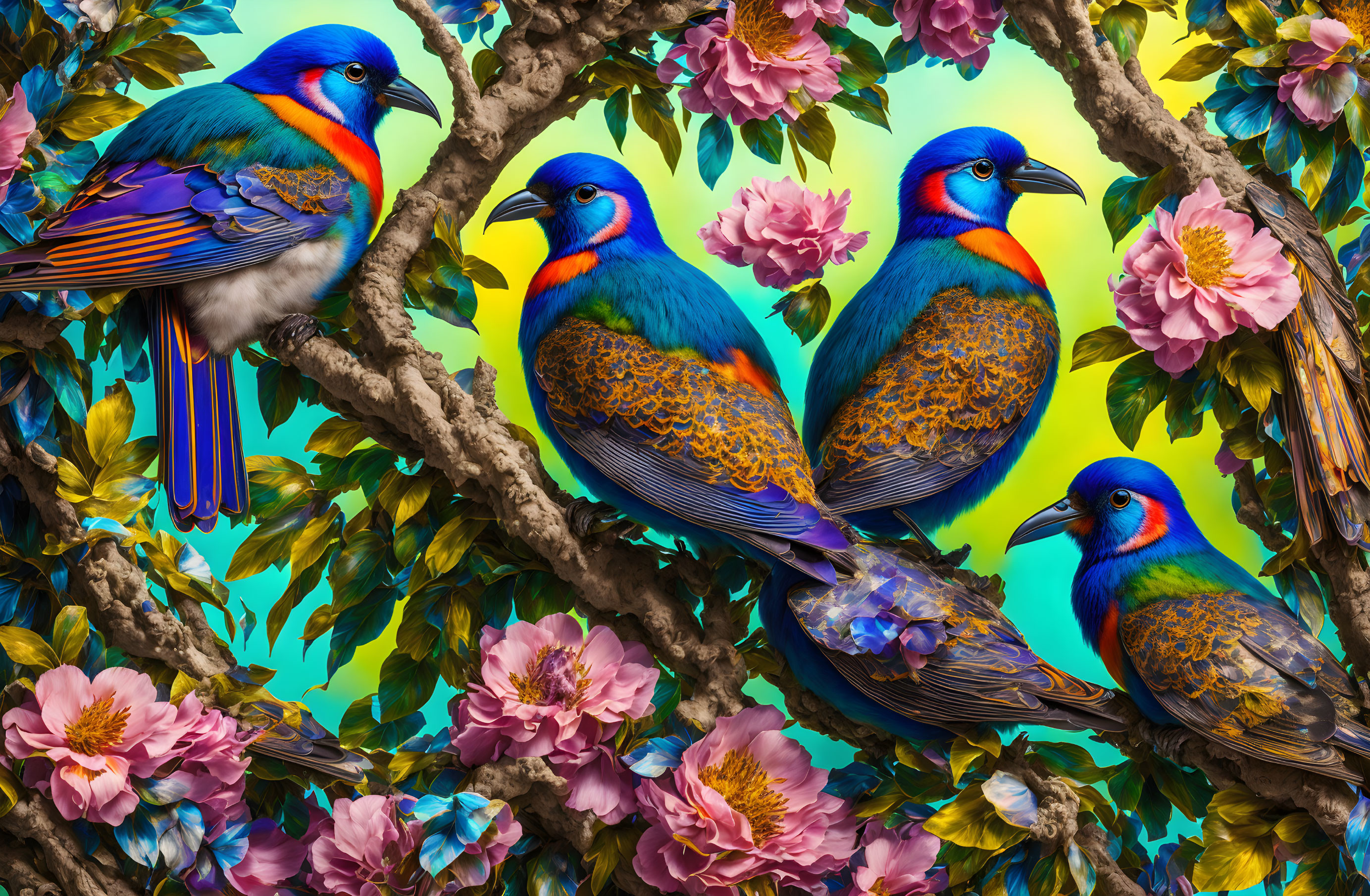 Colorful Birds on Tree Branches with Pink Flowers in Teal Sky