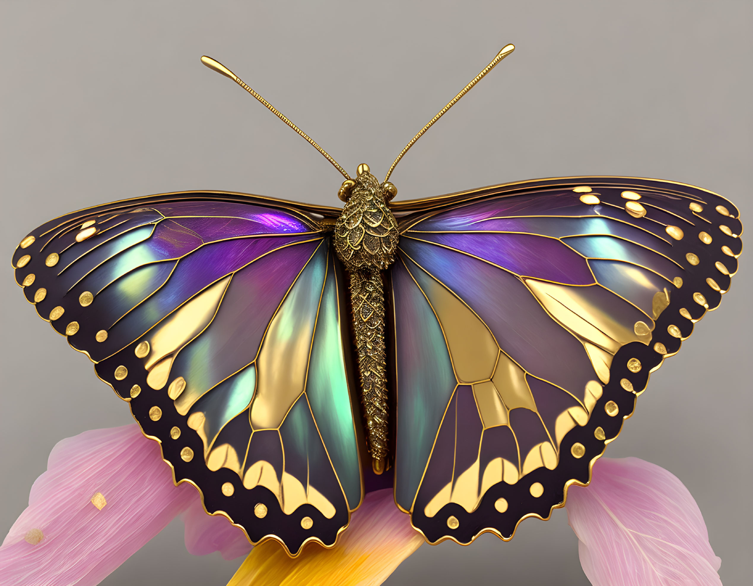 Iridescent Butterfly Sculpture on Pink Flowers and Gray Background