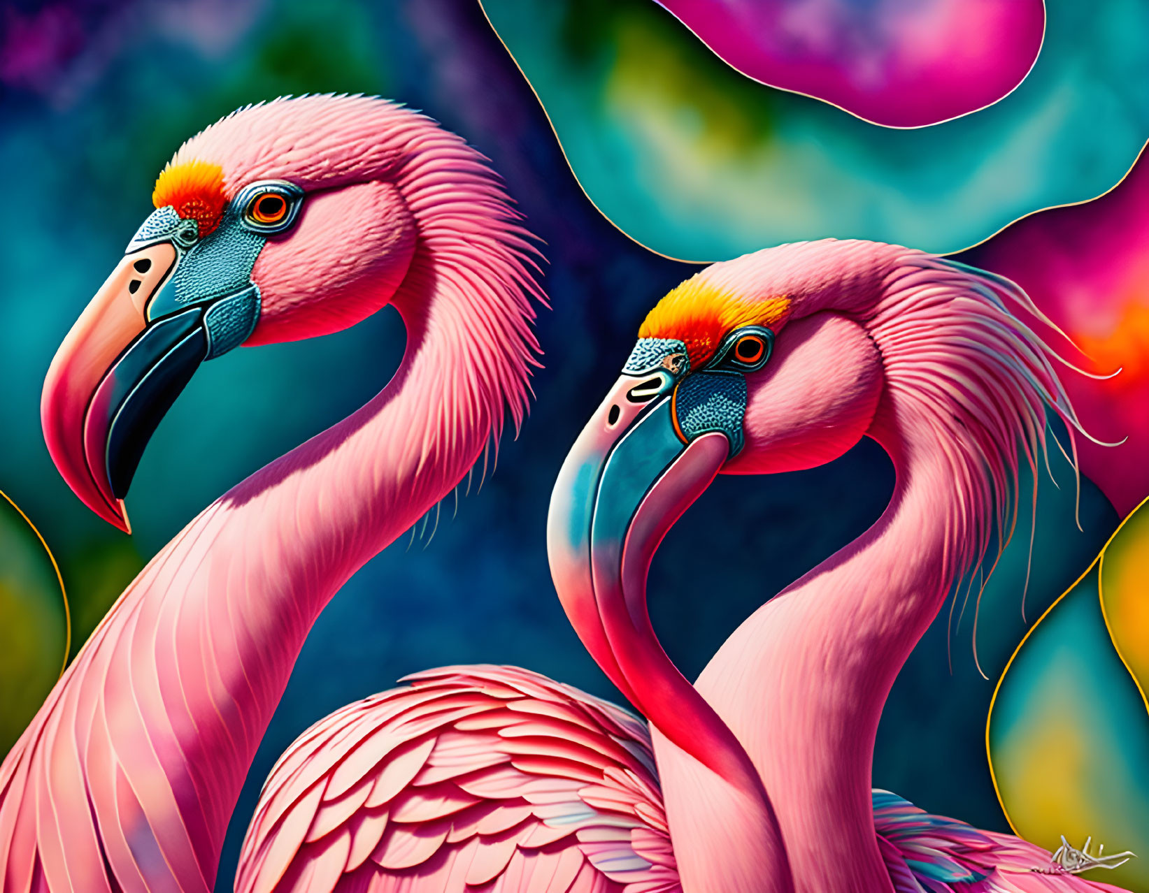 Vibrant flamingos with pink feathers on colorful abstract background