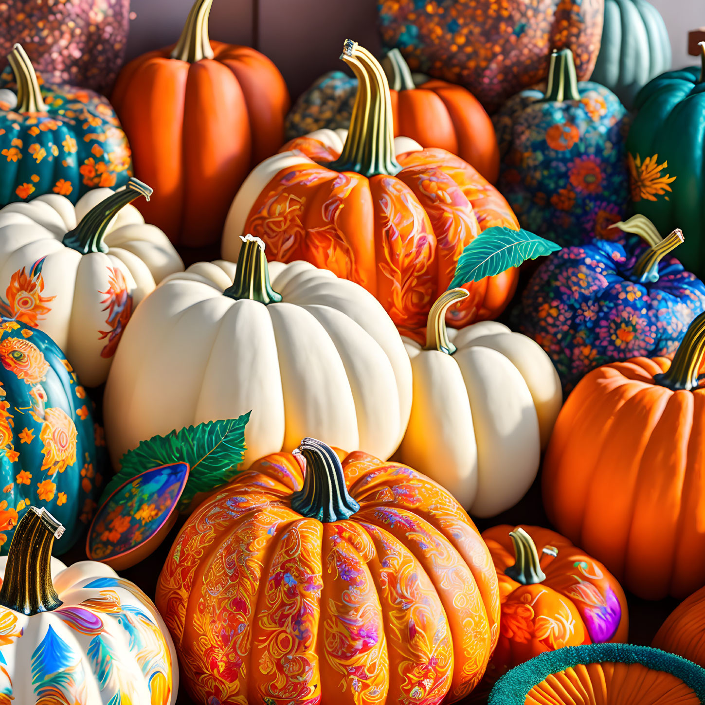 Colorful Pumpkins with Intricate Traditional and Floral Patterns