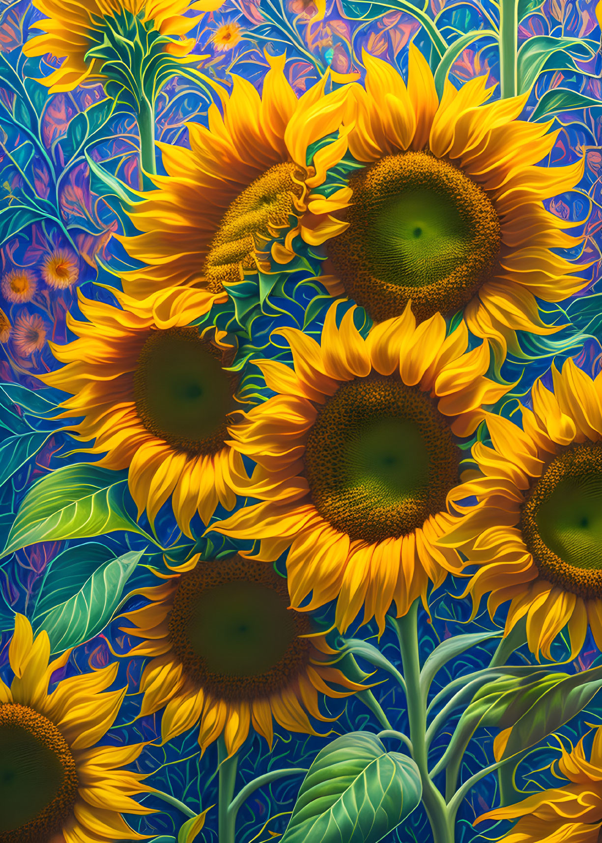 Vibrant sunflowers with golden petals on blue botanical backdrop