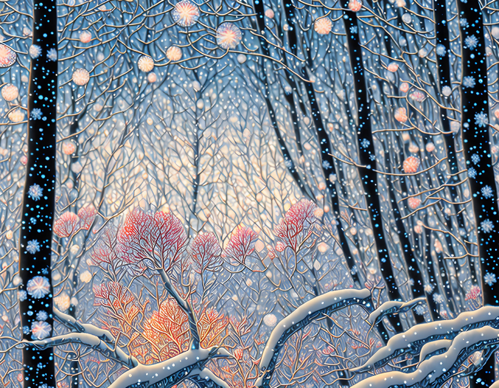 Winter forest scene with falling snowflakes and red leaves under starry sky