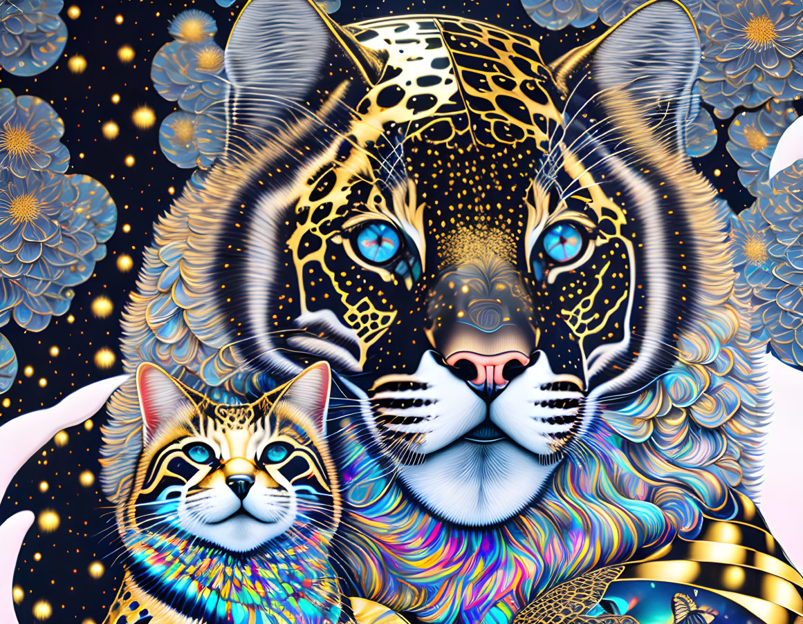 Vibrant digital artwork: Leopard with blue eyes & smaller cat in cosmic floral background